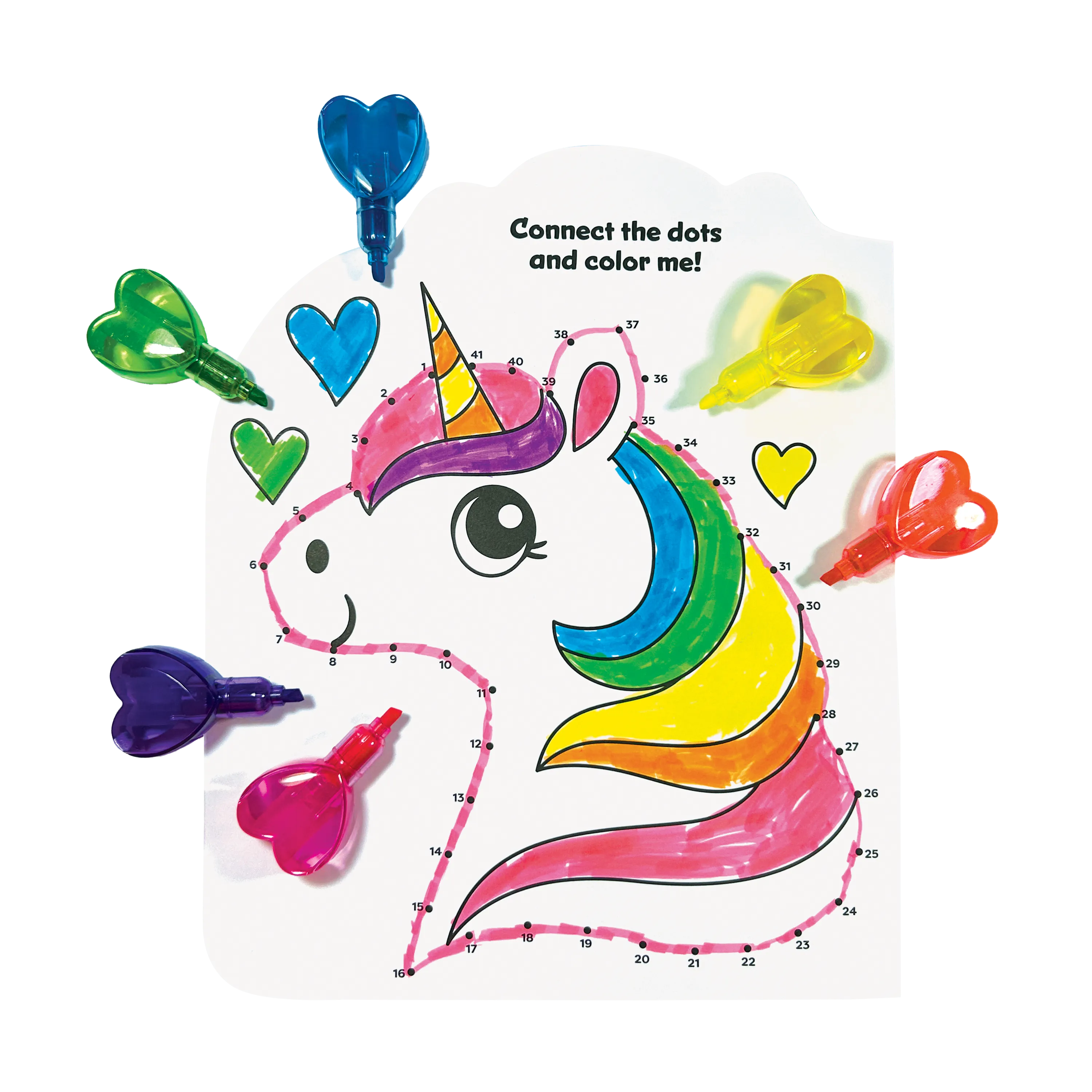 Connect the dots unicorn colored with OOLY Heart Stacks Stacking Highlighters on a white background