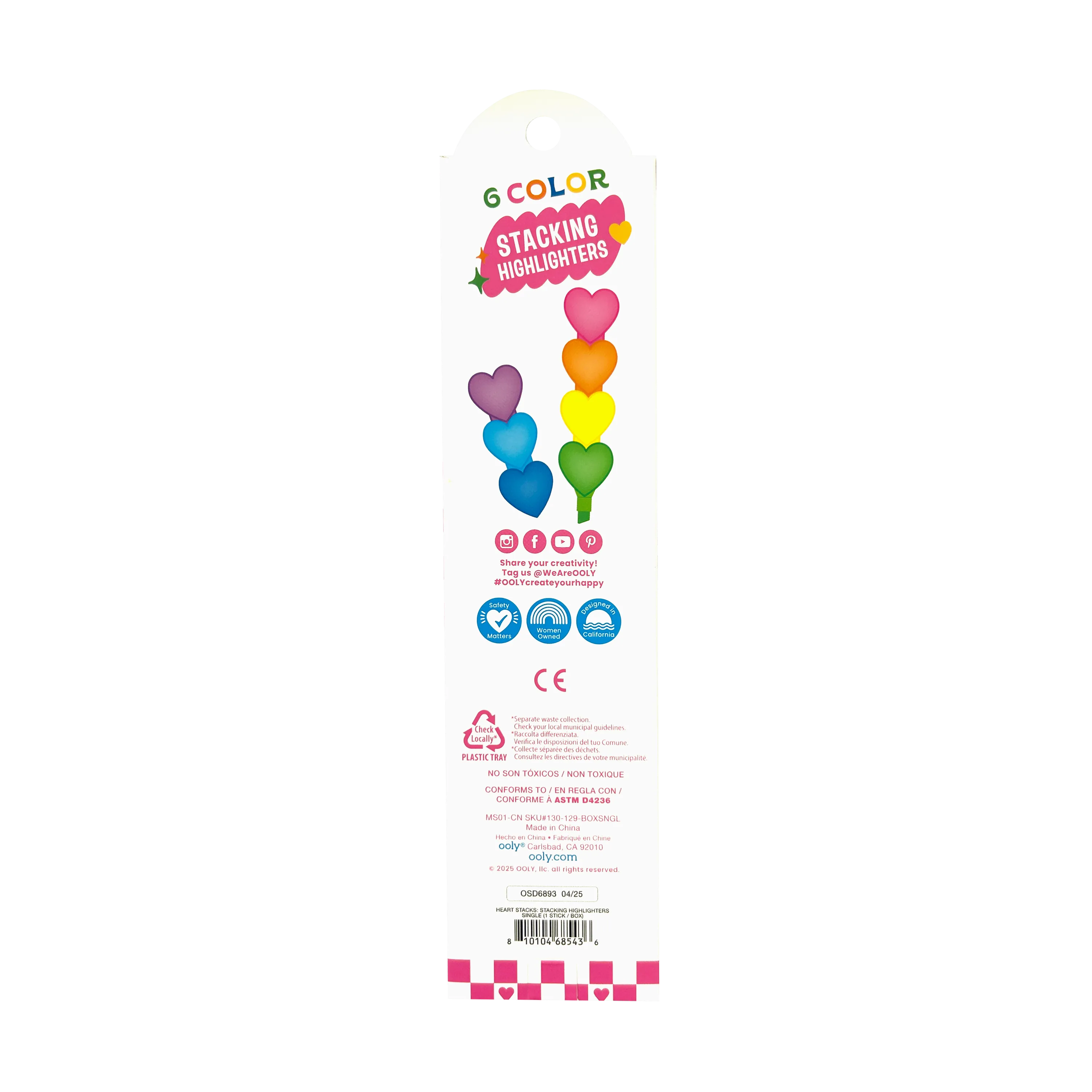 Back of packaging of OOLY Heart Stacks Stacking Highlighters on a white background
