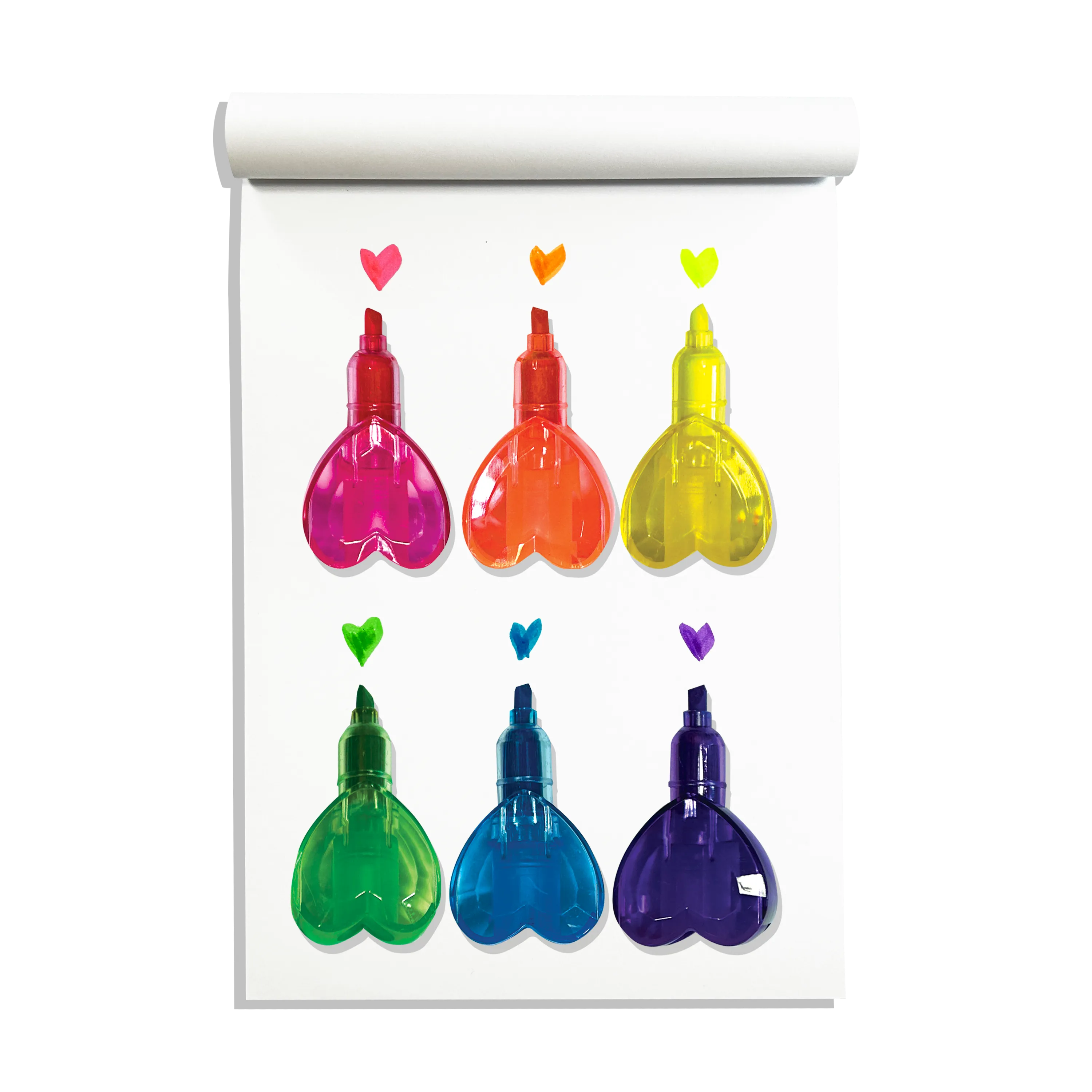 Six OOLY Heart Stacks Stacking Highlighters on a white sketchbook with colored swatches