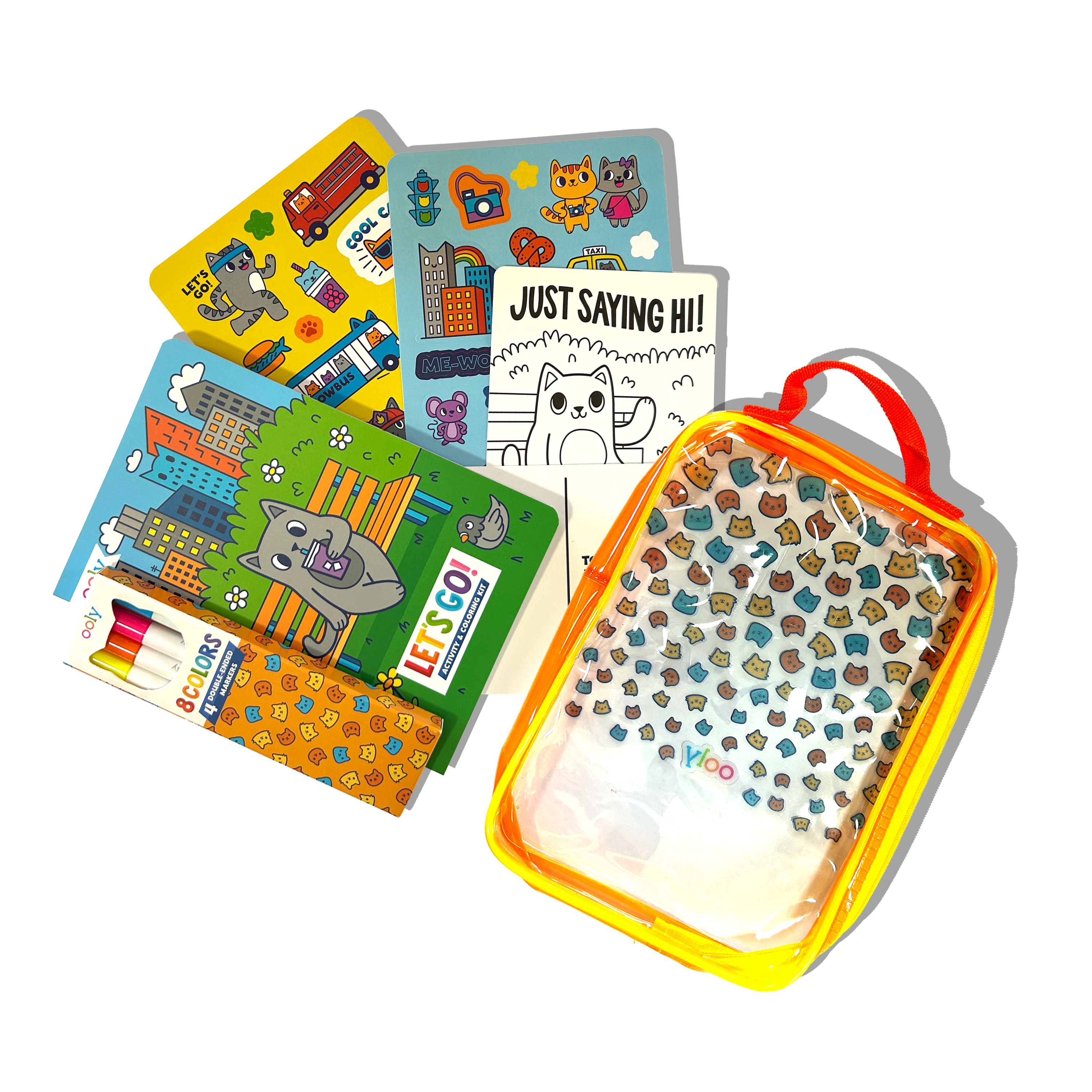 Carrying case and contents of OOLY Kitty in the City Let’s Go! Activity & Coloring Kit on a white background
