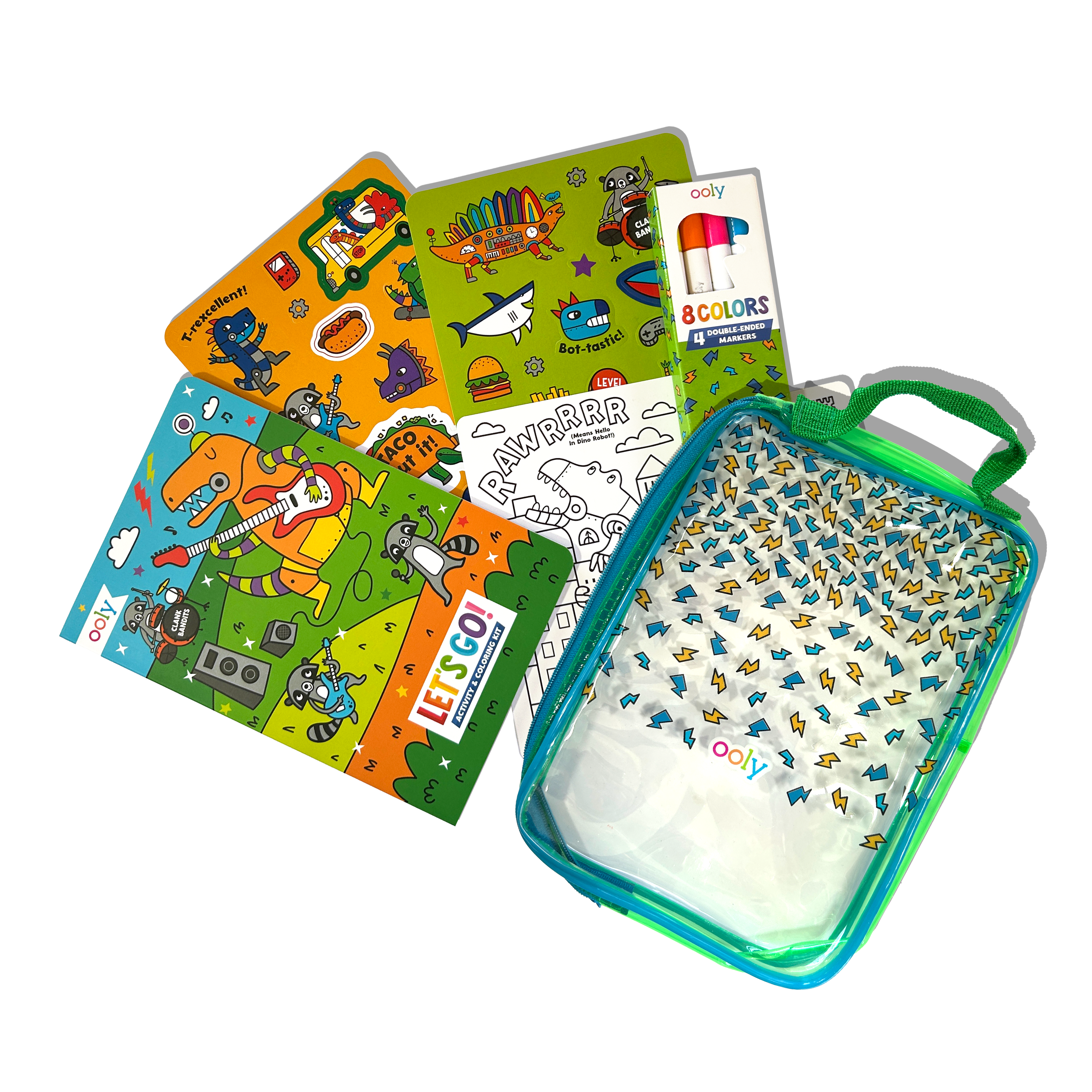Carrying case and contents of OOLY Robo Dinos Let’s Go! Activity & Coloring Kit on a white background