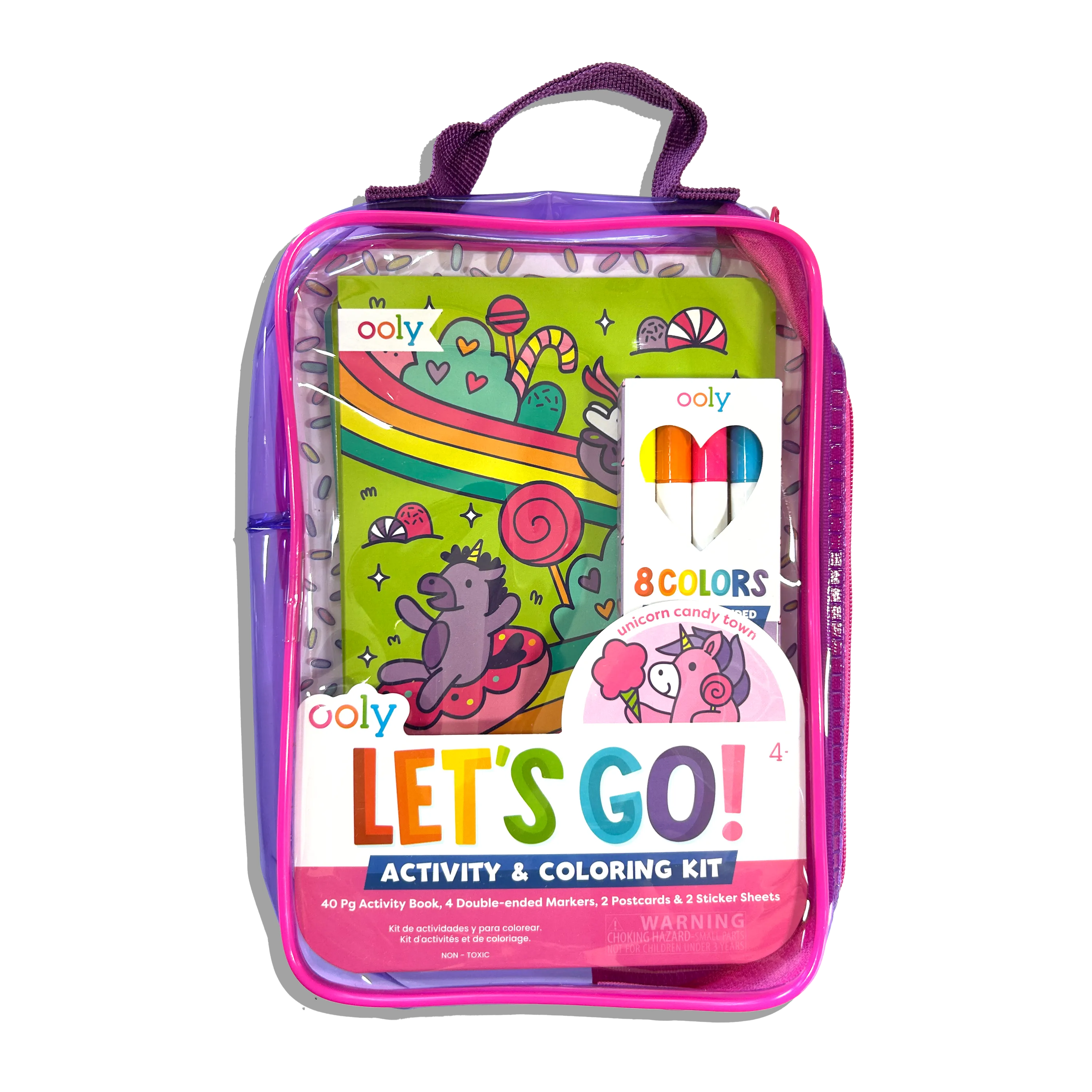 Front of carrying case of OOLY Unicorn Candy Town Let’s Go! Activity & Coloring Kit on a white background