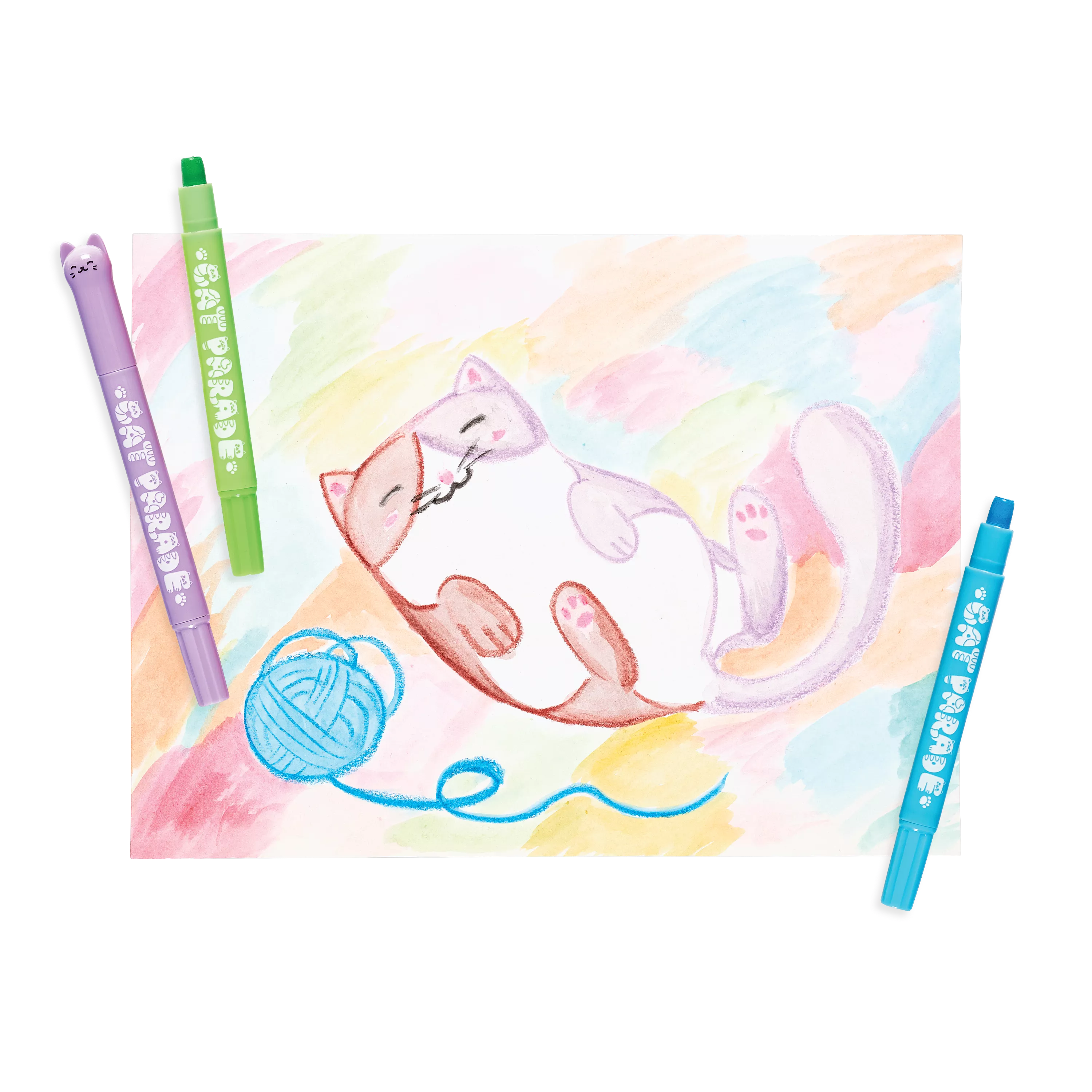 Watercolor gel crayon art of a cat and yarn with Cat Parade gel crayons on top