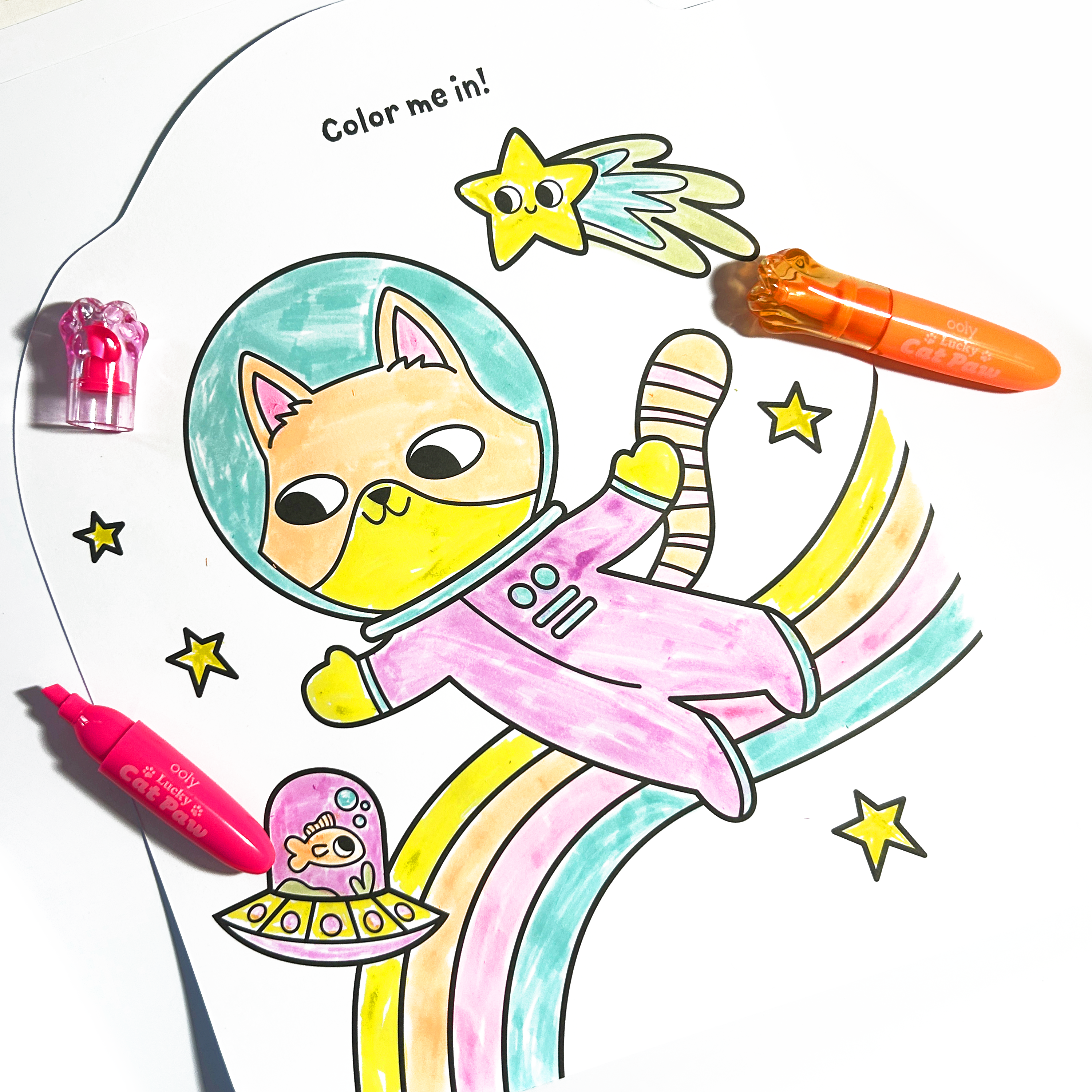Coloring page of astronaut cat with pink and orange OOLY Lucky Cat Paw Scented Neon Highlighters