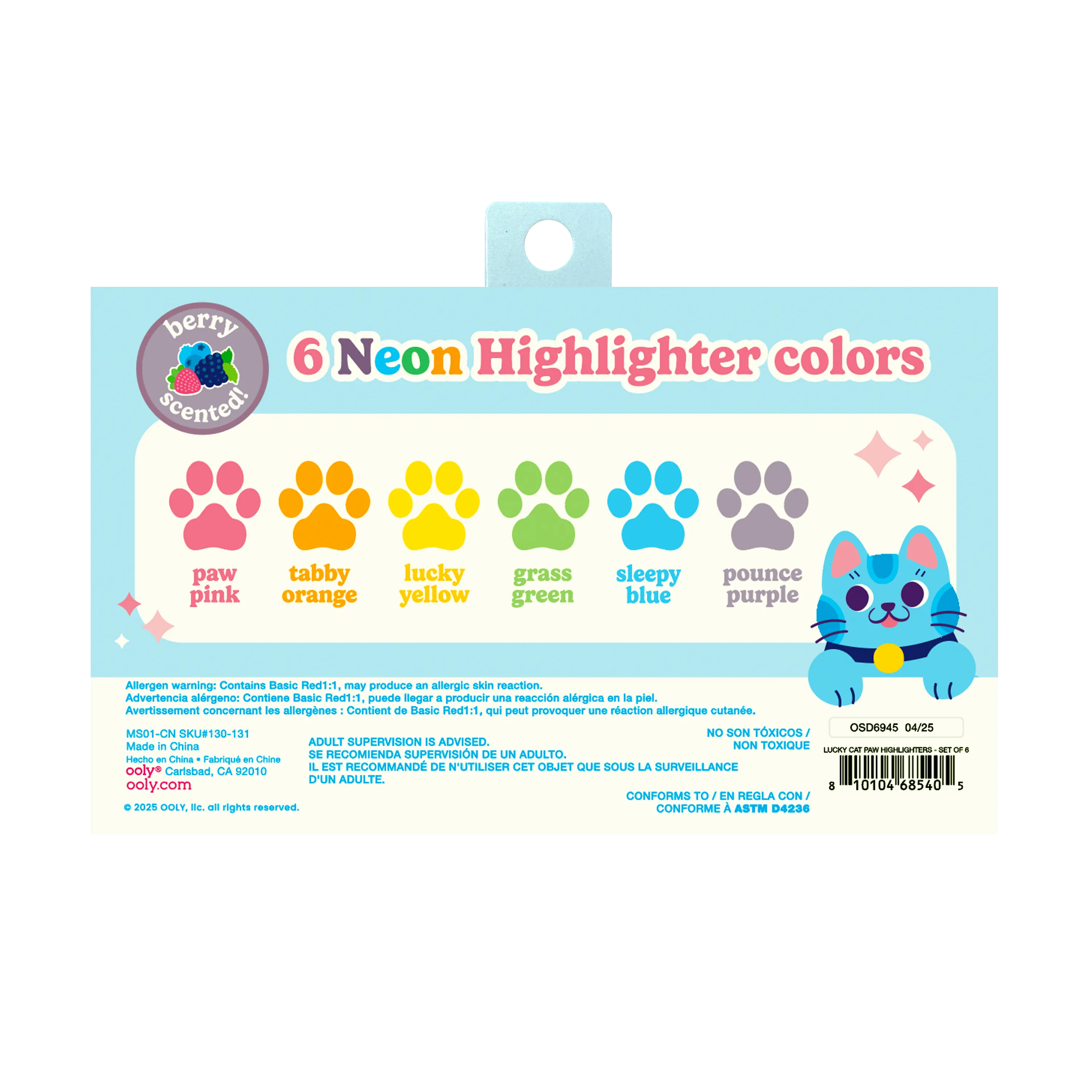 Back of packaging of OOLY Lucky Cat Paw Scented Neon Highlighters on a white background
