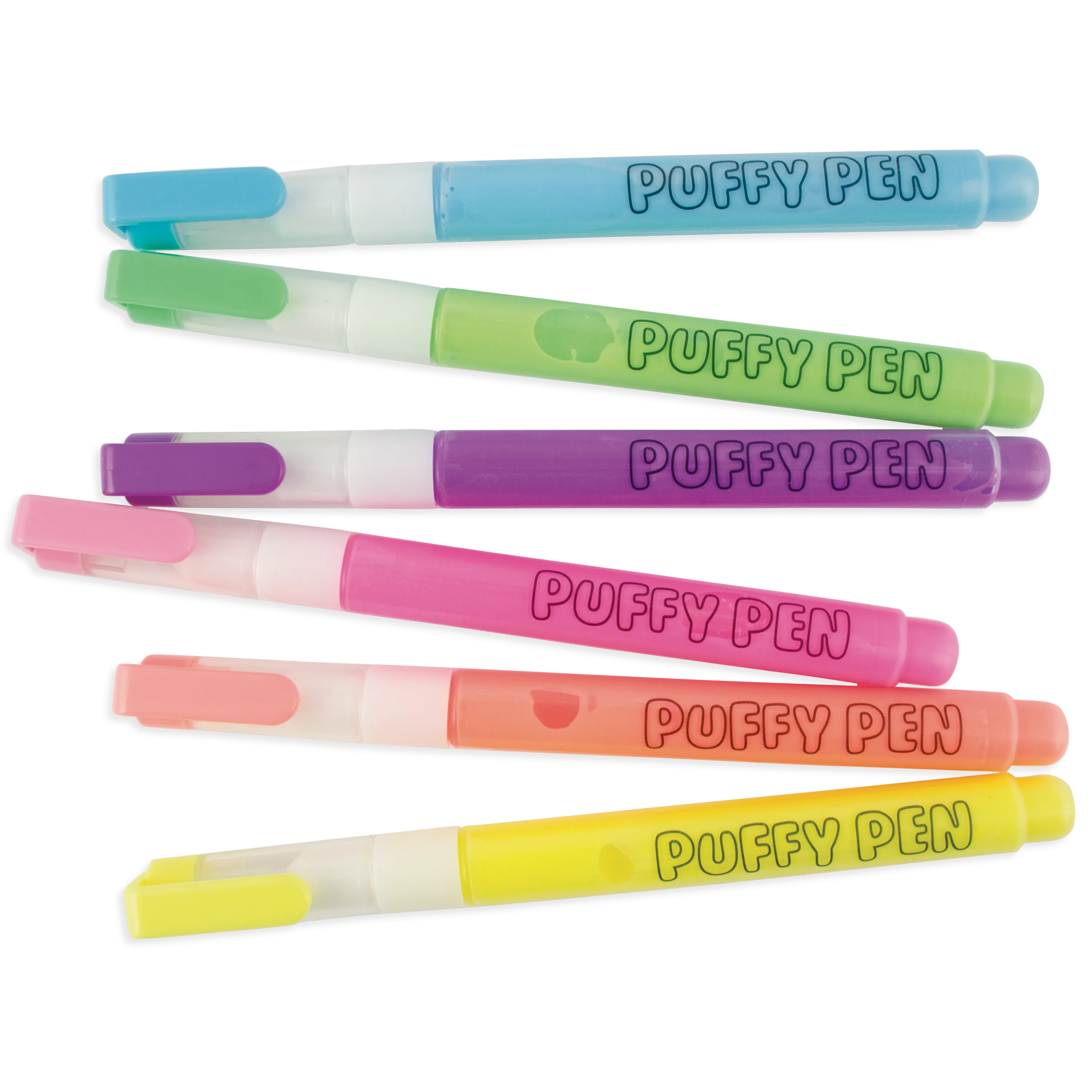 Collection of all 6 Couple coloring with OOLY Magic Puffy Neon Pens against white background