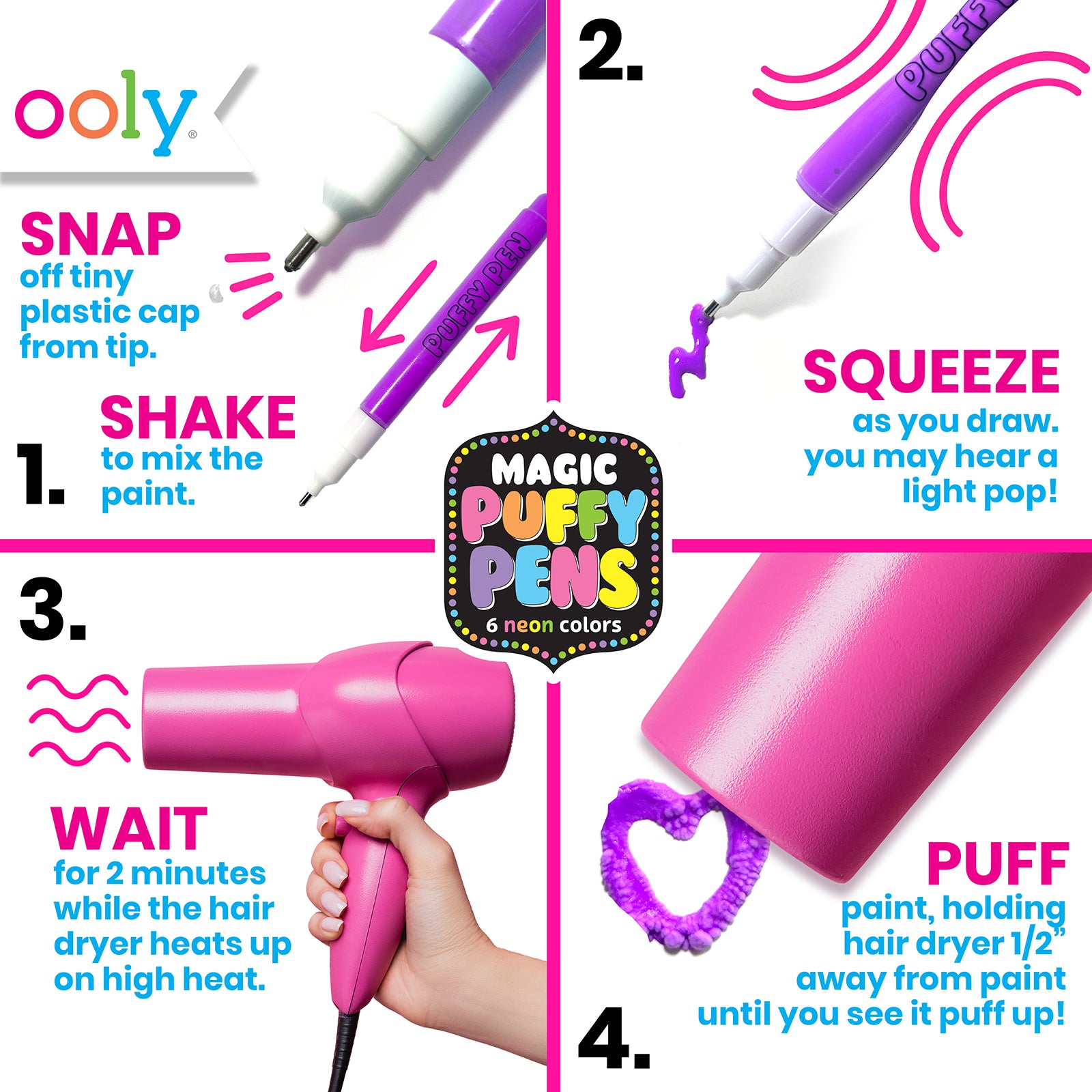 Directions for Magic Puffy Pens including, Shake, Squeeze, Wait and Puff