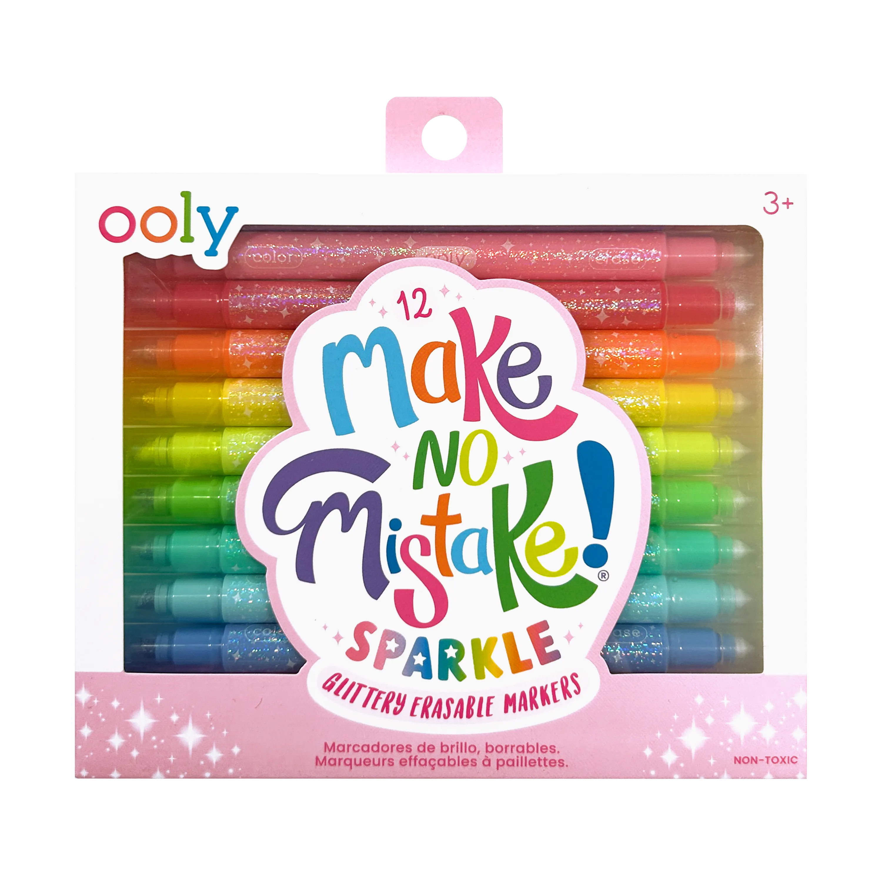 Front of packaging of OOLY Make No Mistake! Glittery Erasable Markers on a white background