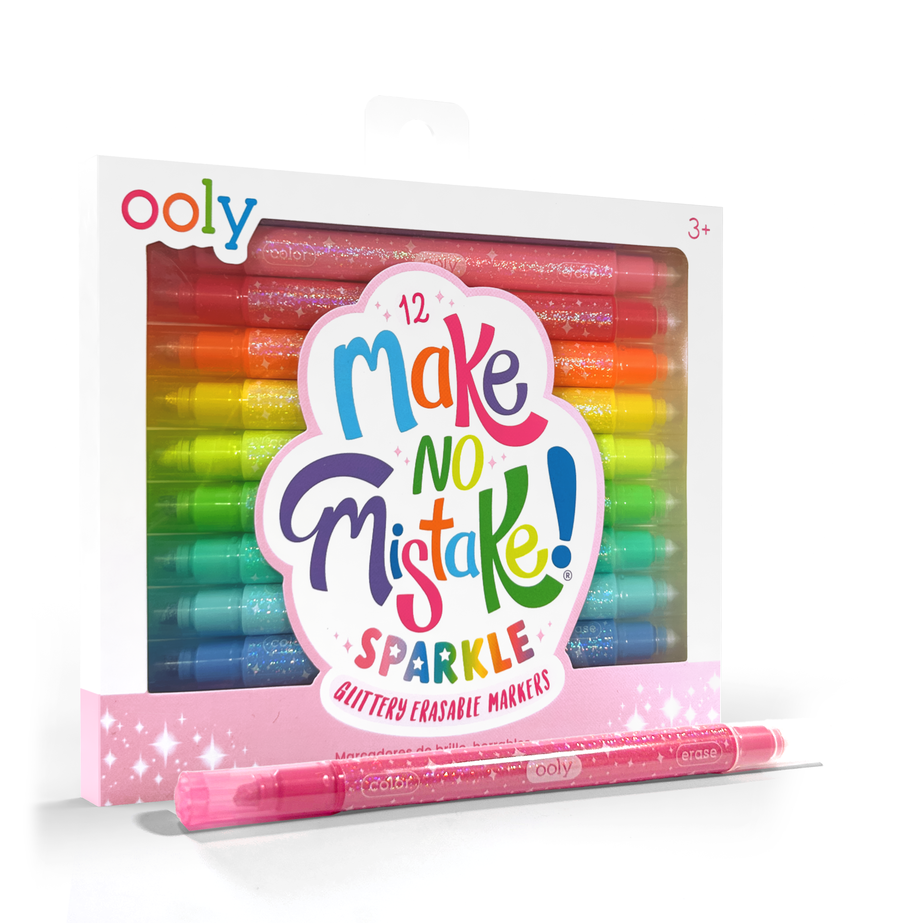 Quarter angle of front packaging of OOLY Make No Mistake! Glittery Erasable Markers on a white background