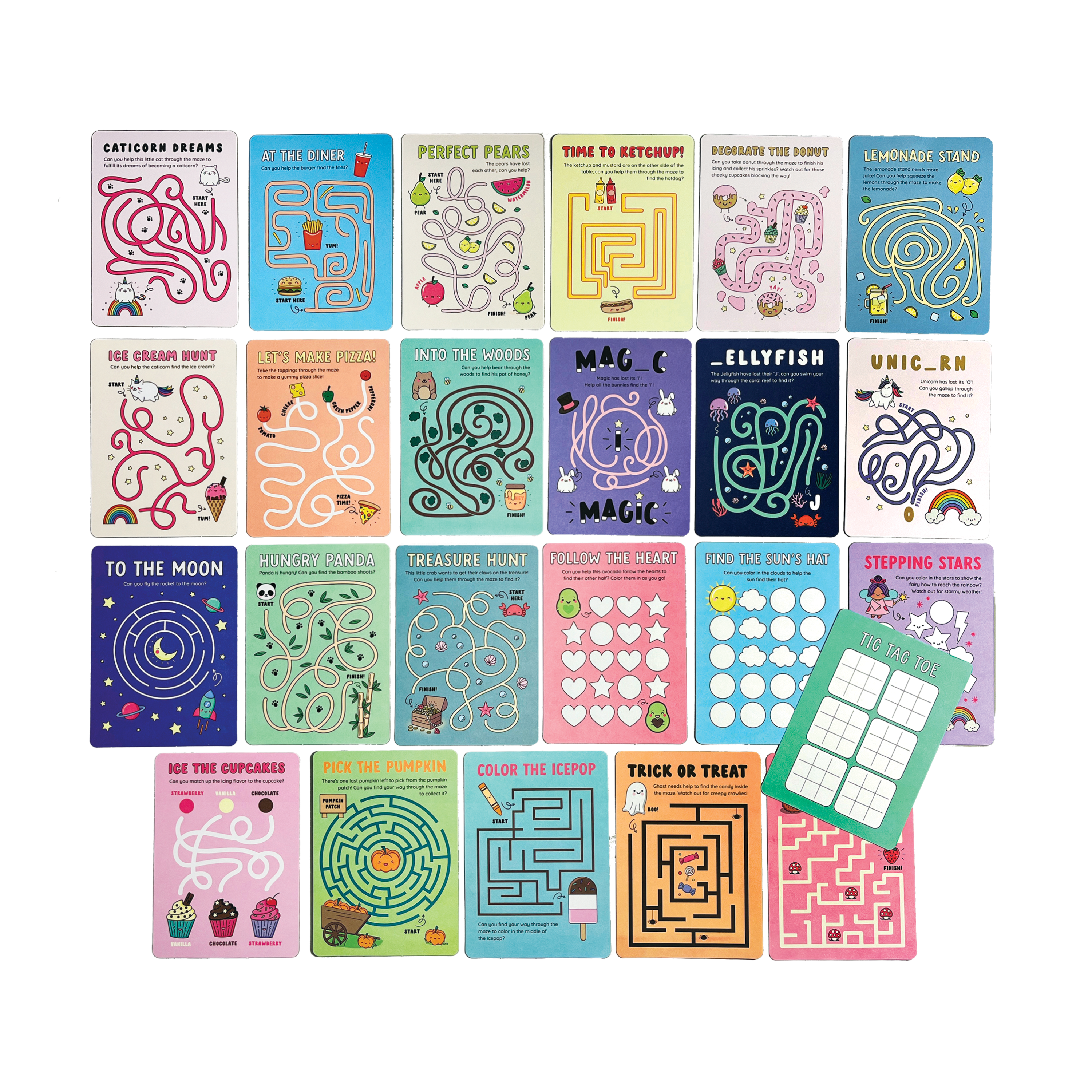 Layout of all activity cards from OOLY Mini Mazes Activity Cards