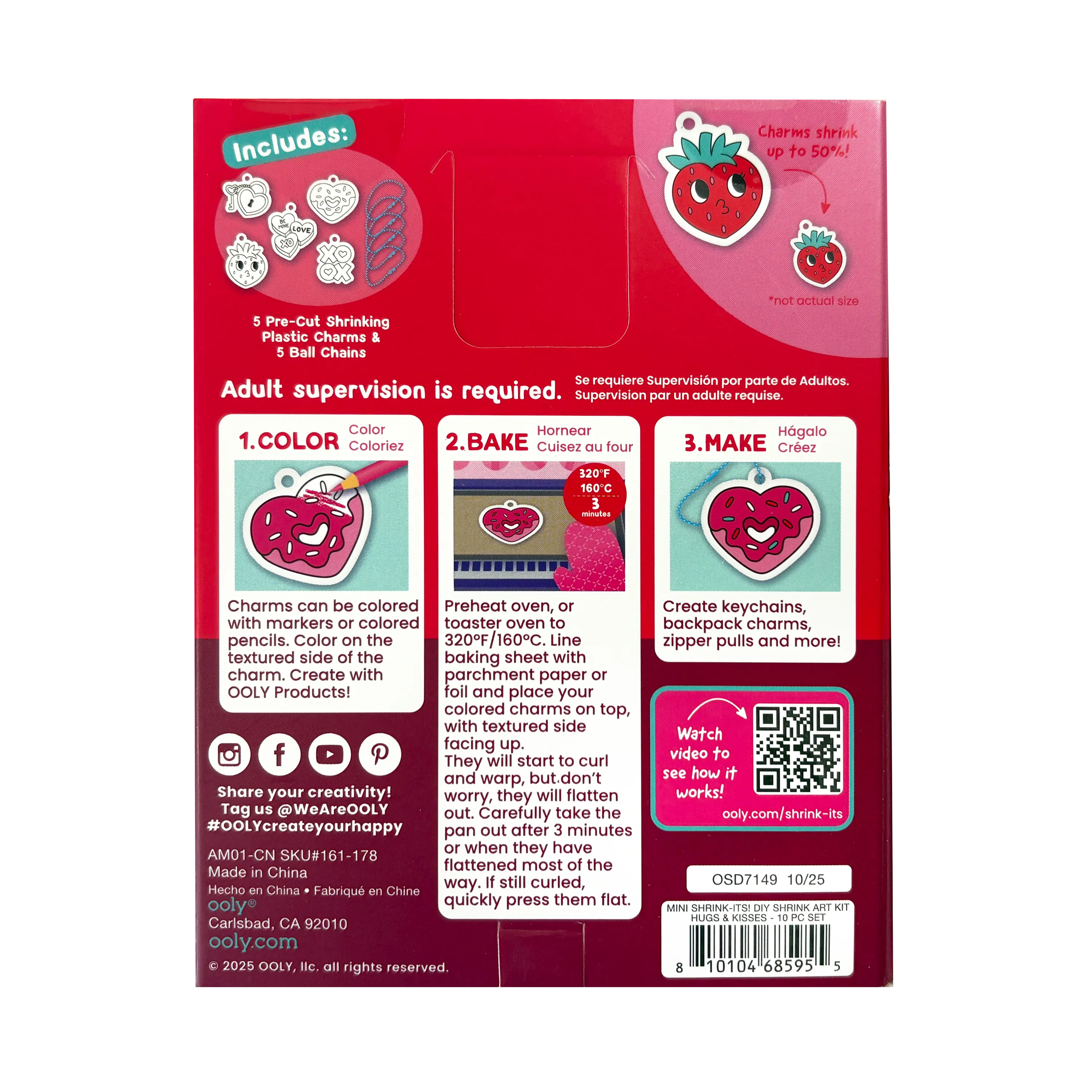 Back of packaging of OOLY Mini Shrink-Its! DIY Shrink Art Kit - Hugs & Kisses