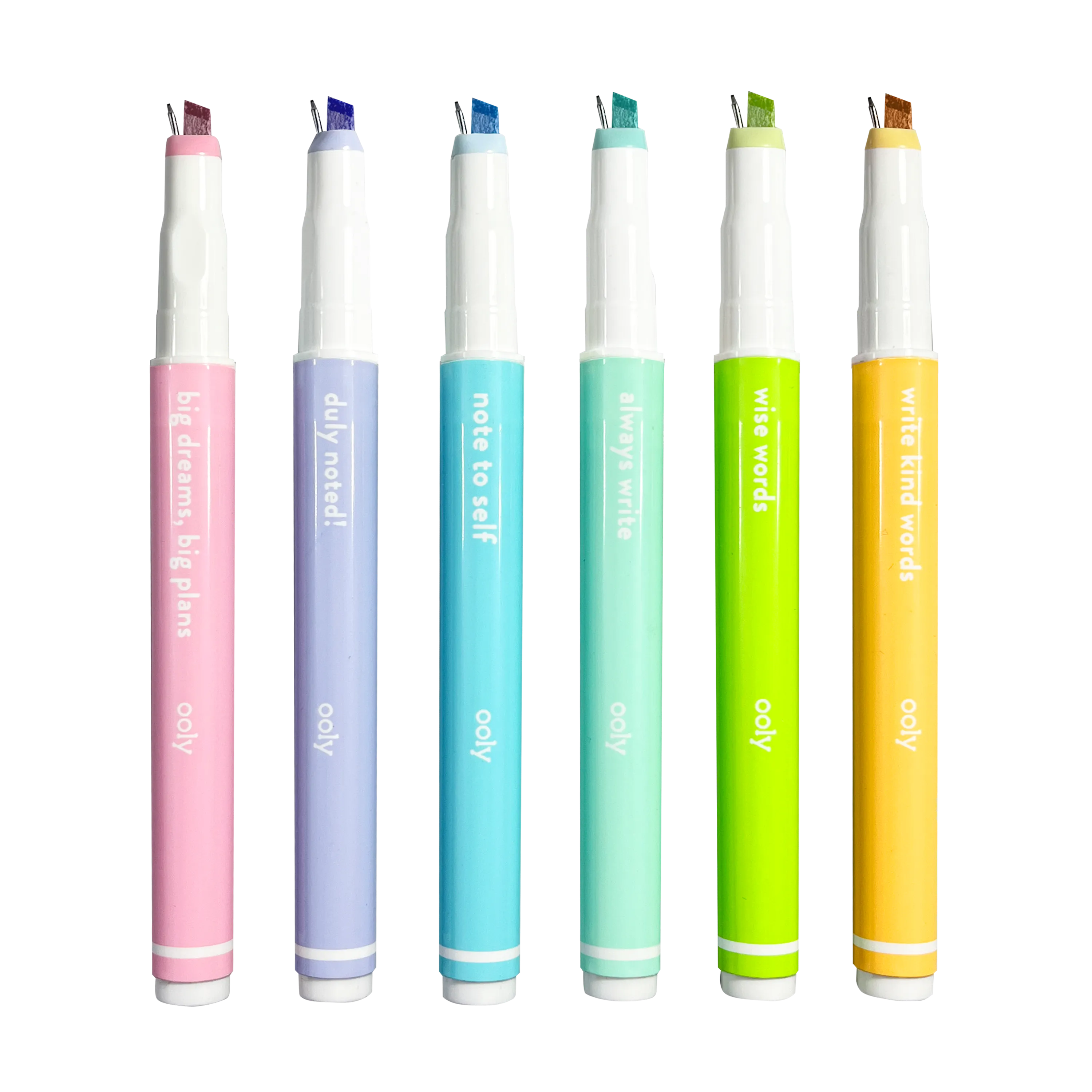 Row of uncapped OOLY Noted! 2-in-1 Micro Fine Tip Pen and Highlighters