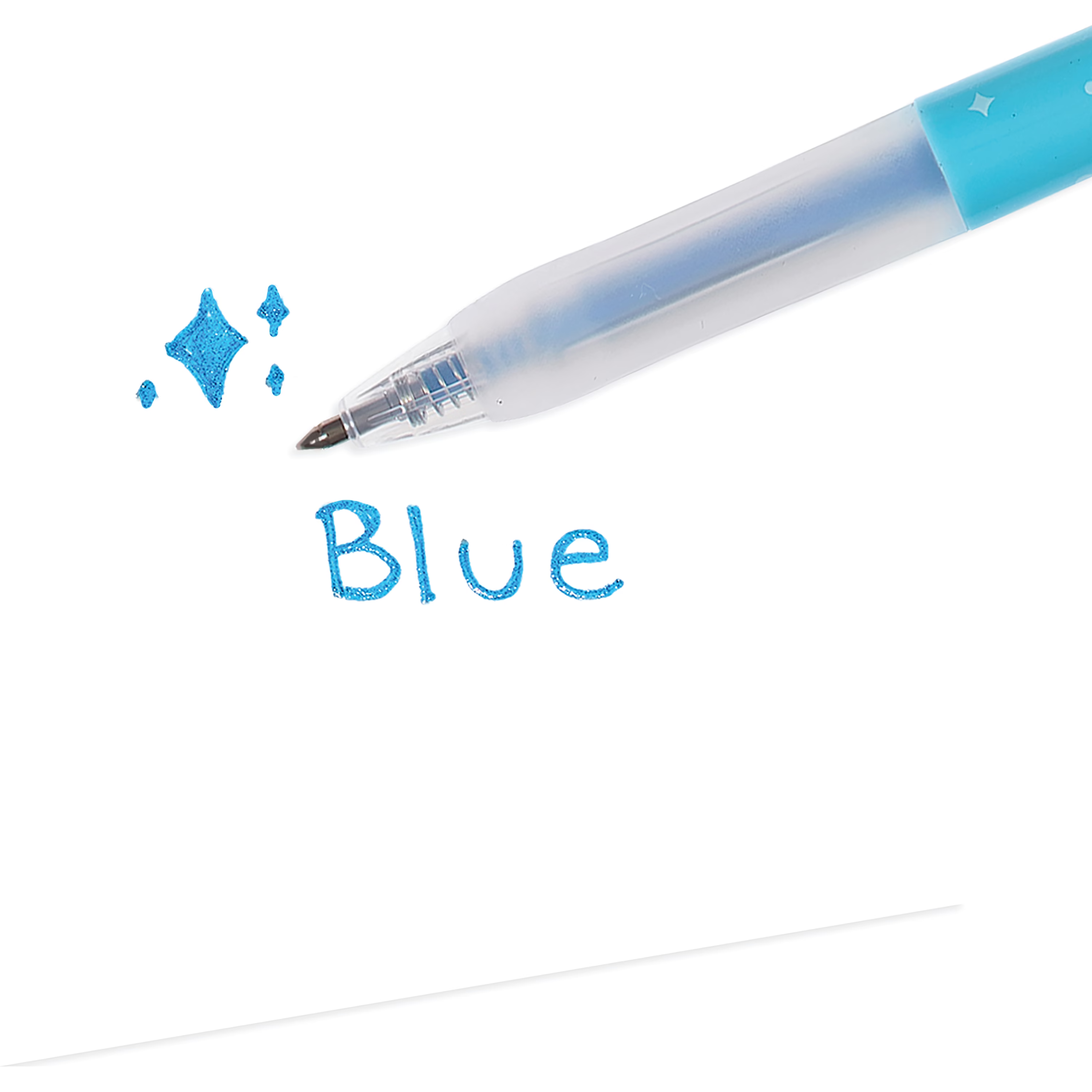Close up of "Blue" written with stars made with a OOLY Oh My Glitter! Retractable Gel Pen