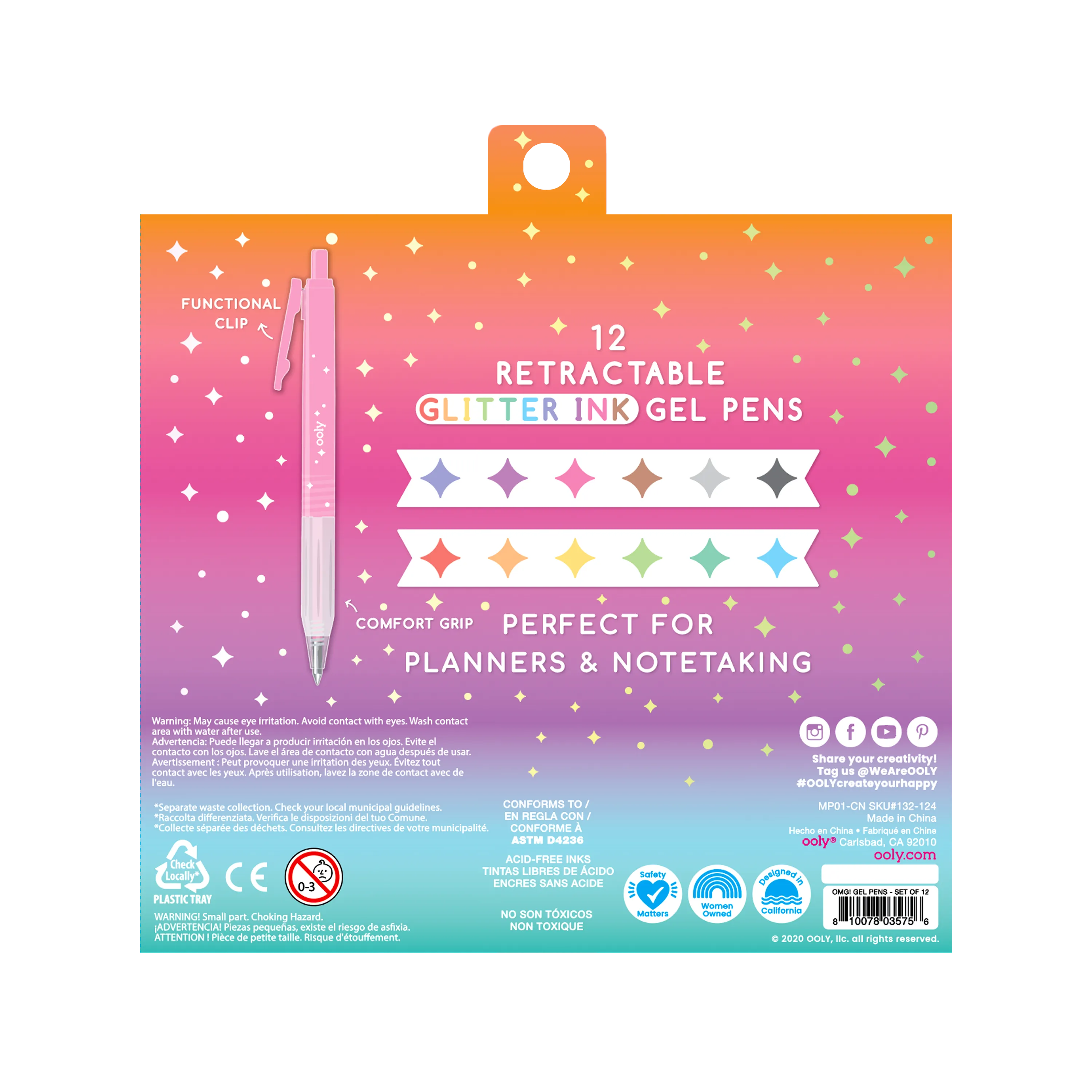 Back of packaging of OOLY Oh My Glitter! Retractable Gel Pens