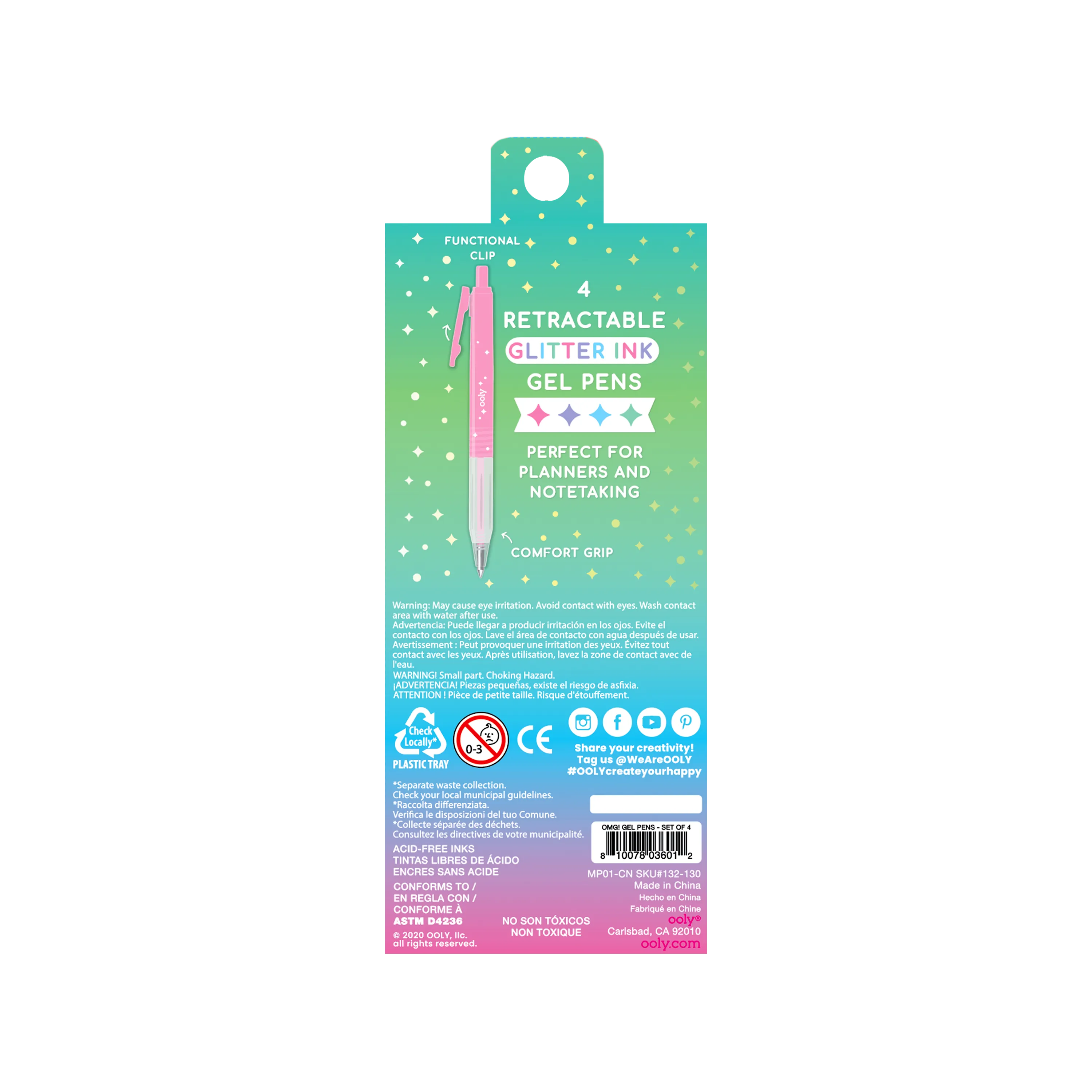 Back of packaging of OOLY Oh My Glitter! Retractable Gel Pens