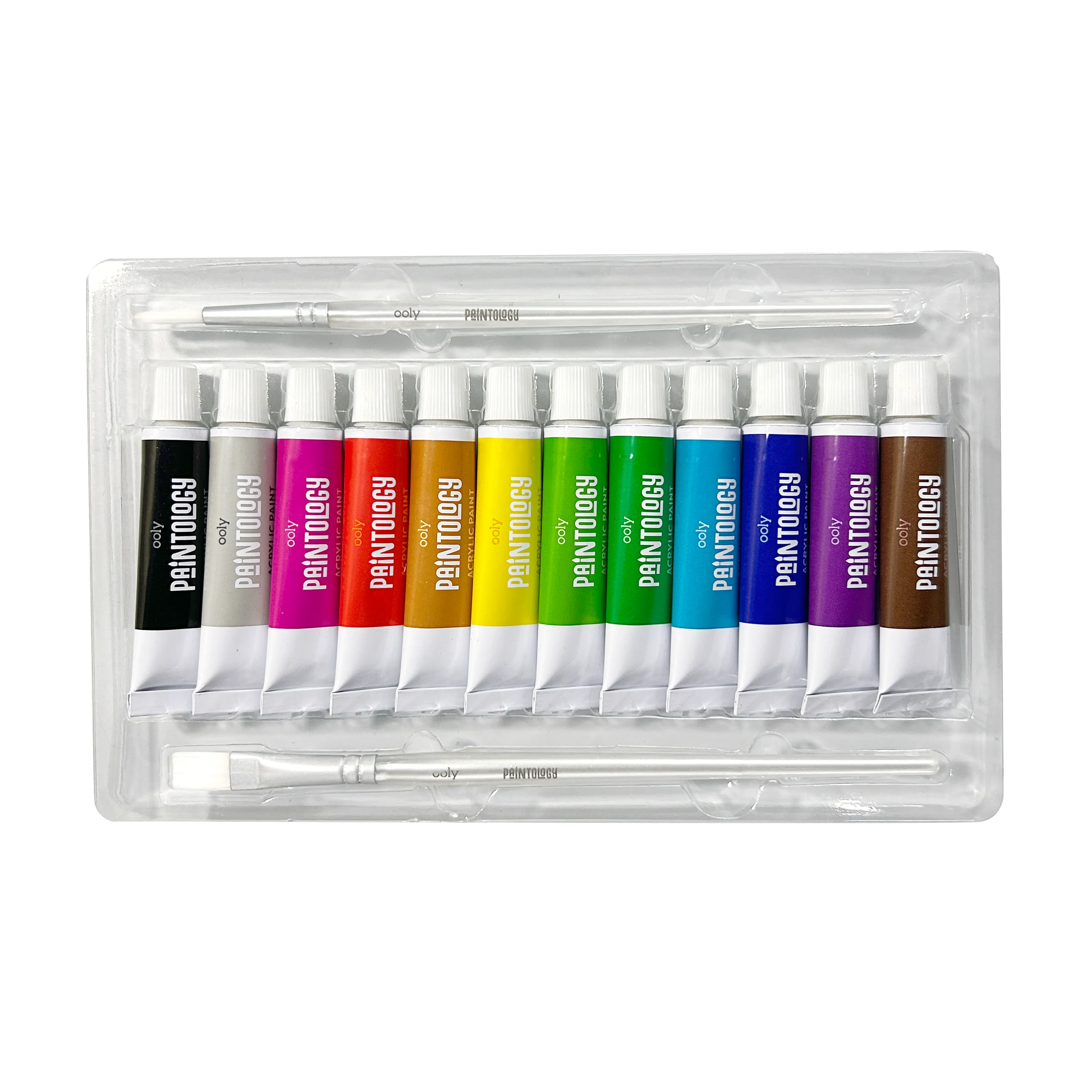 Acrylic paint tubes and paintbrushes in tray of OOLY Paintology Acrylic Paint Set - Classic Colors