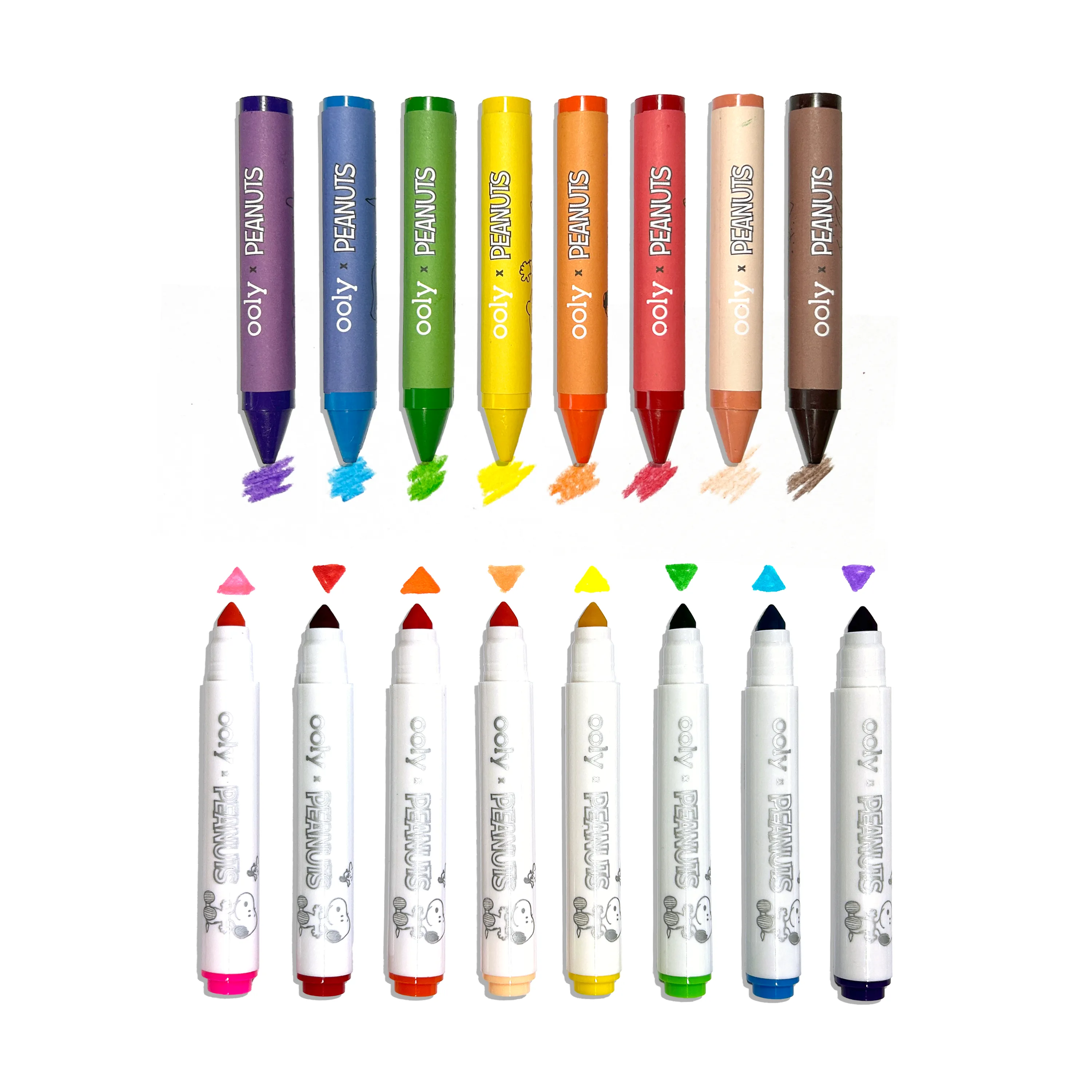 Rows of crayons and markers with swatches from the OOLY x Peanuts Coloring Activity & Sticker Kit
