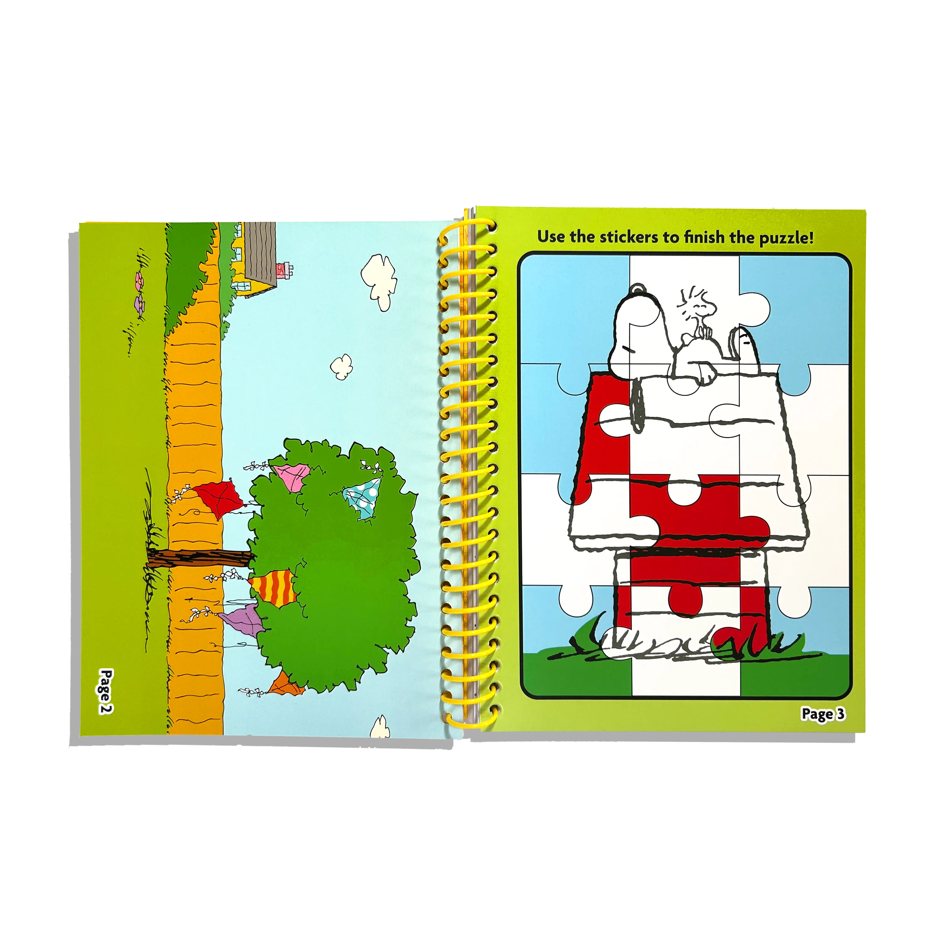 Open activity kit sowing sticker page and puzzle from the OOLY x Peanuts Coloring Activity & Sticker Kit