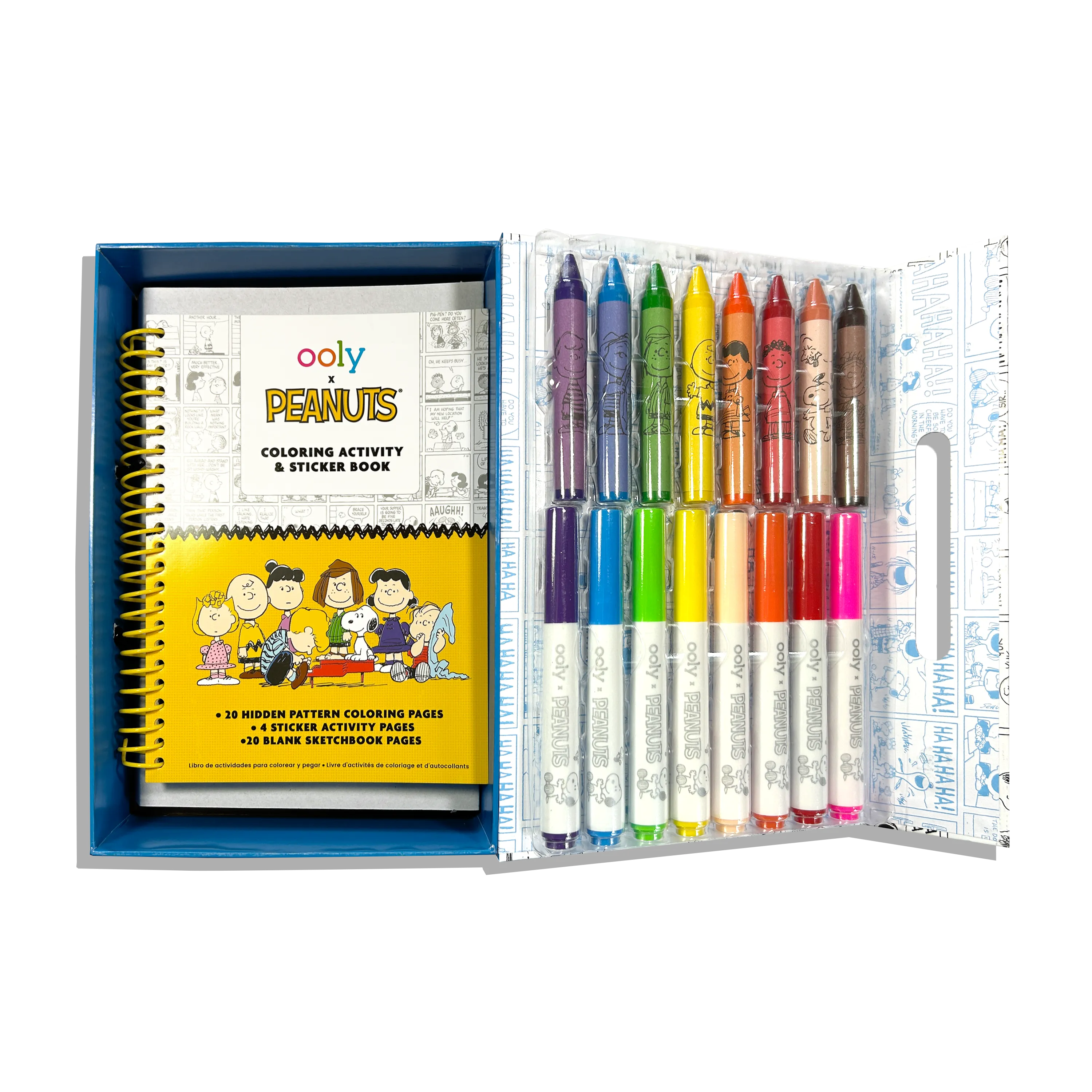 Open set showing activity book, crayons and markers from the OOLY x Peanuts Coloring Activity & Sticker Kit