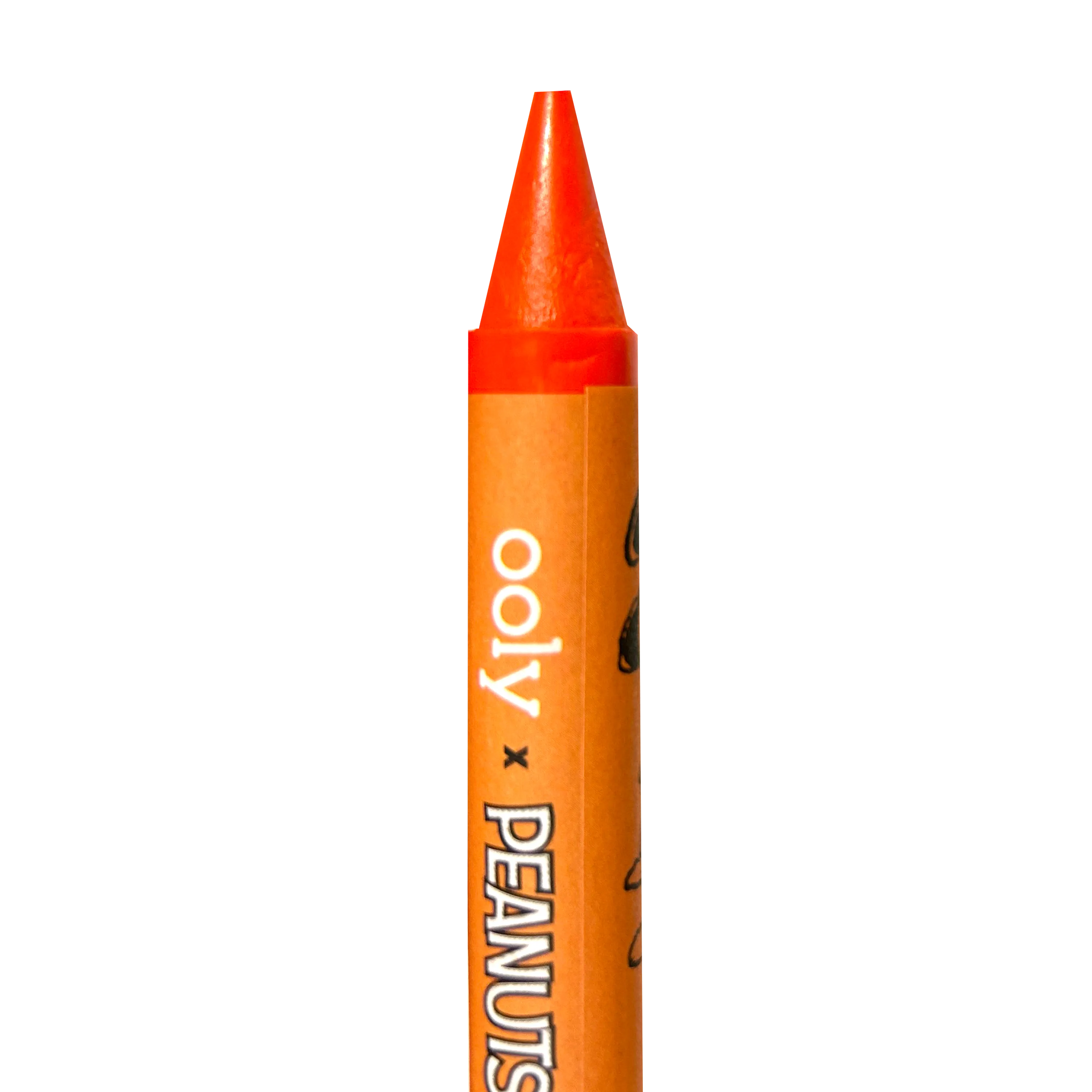 Close up of orange jumbo crayon from the OOLY x Peanuts Snoopy School Coloring Travel Kit