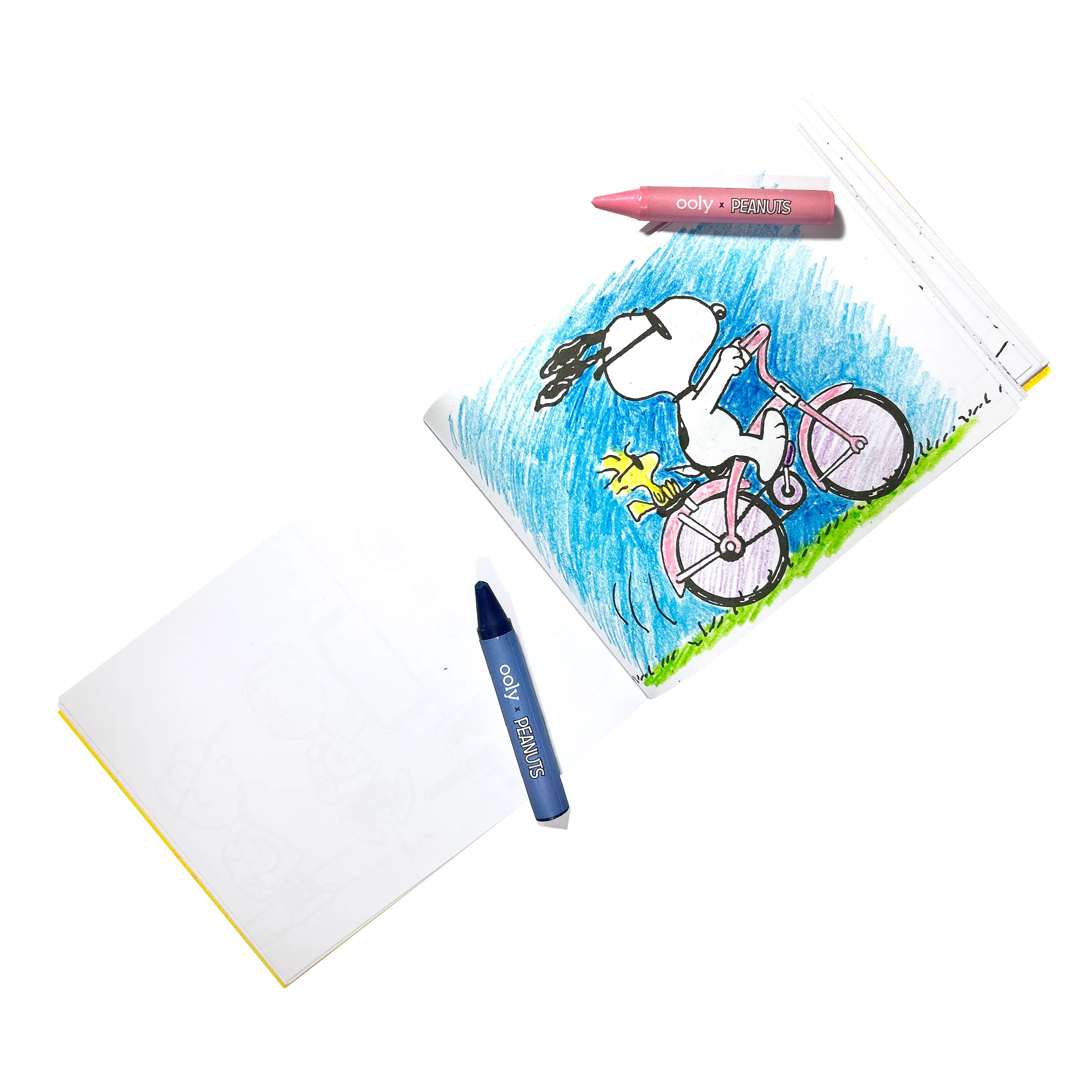 Drawing of Snoopy and Woodstock on a bicycle from the OOLY x Peanuts Snoopy School Coloring Travel Kit