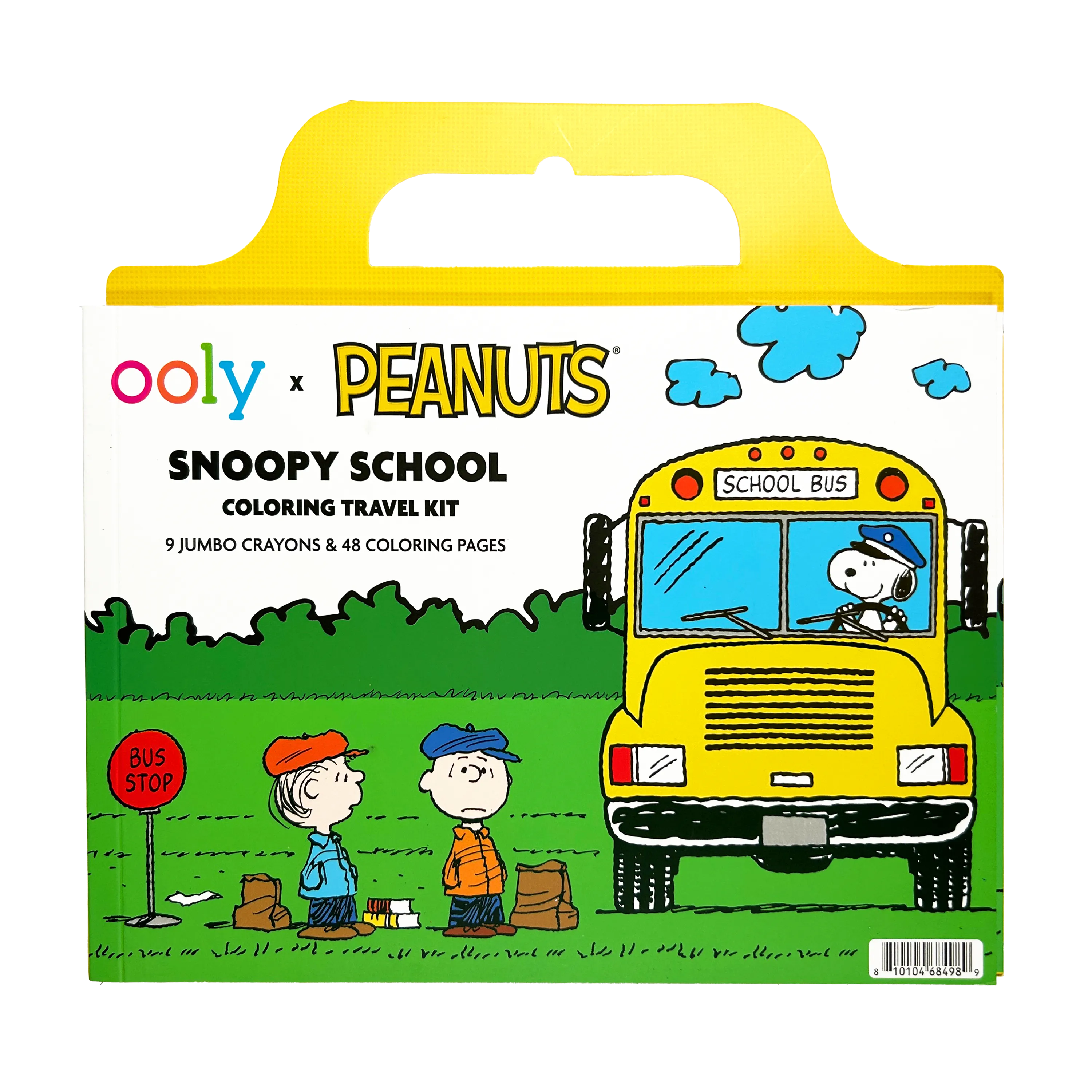 Back of packaging from the OOLY x Peanuts Snoopy School Coloring Travel Kit