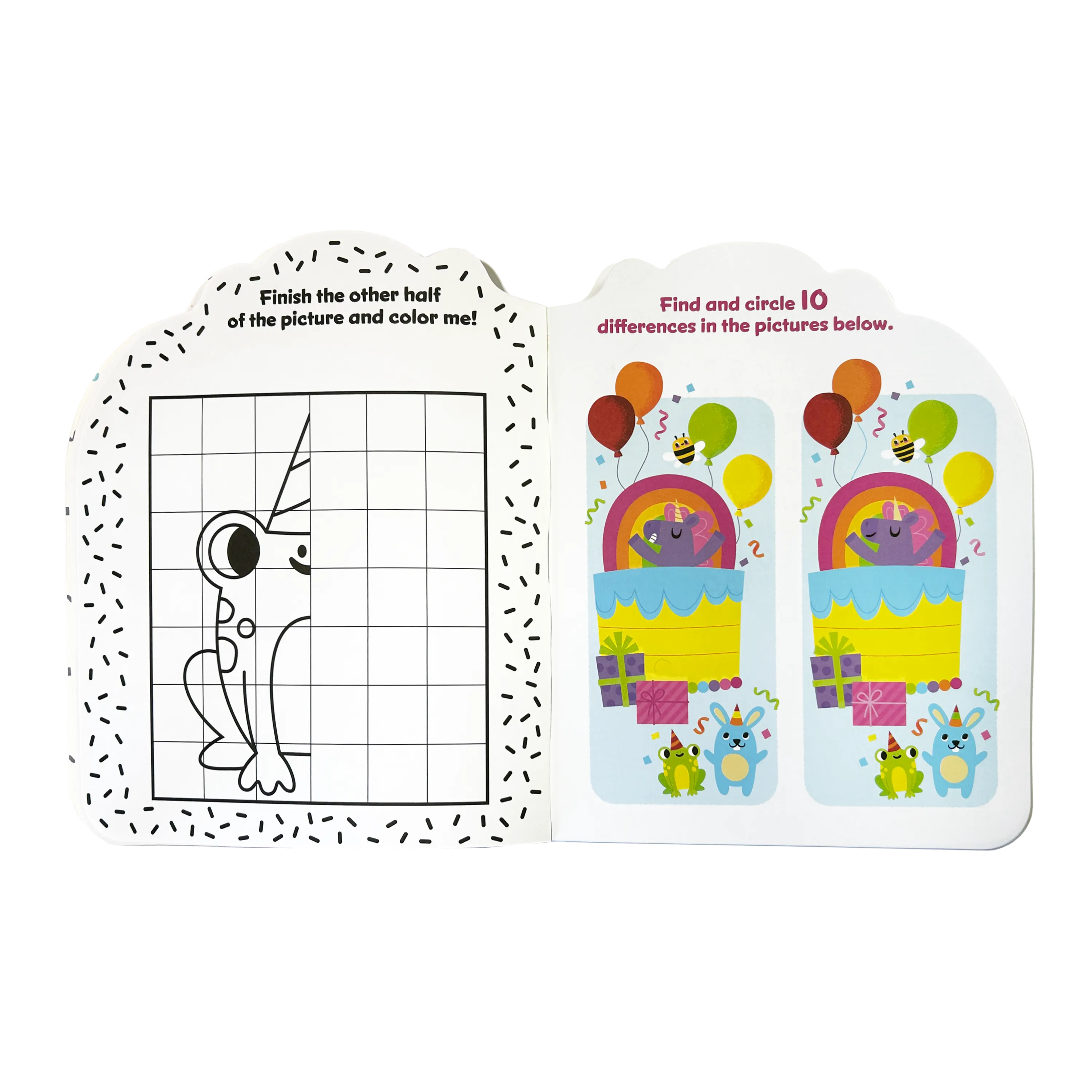 Open book with frog drawing and picture game from OOLY Playful Pages Activity Book - Games Coloring Stickers - Unicorn Party!