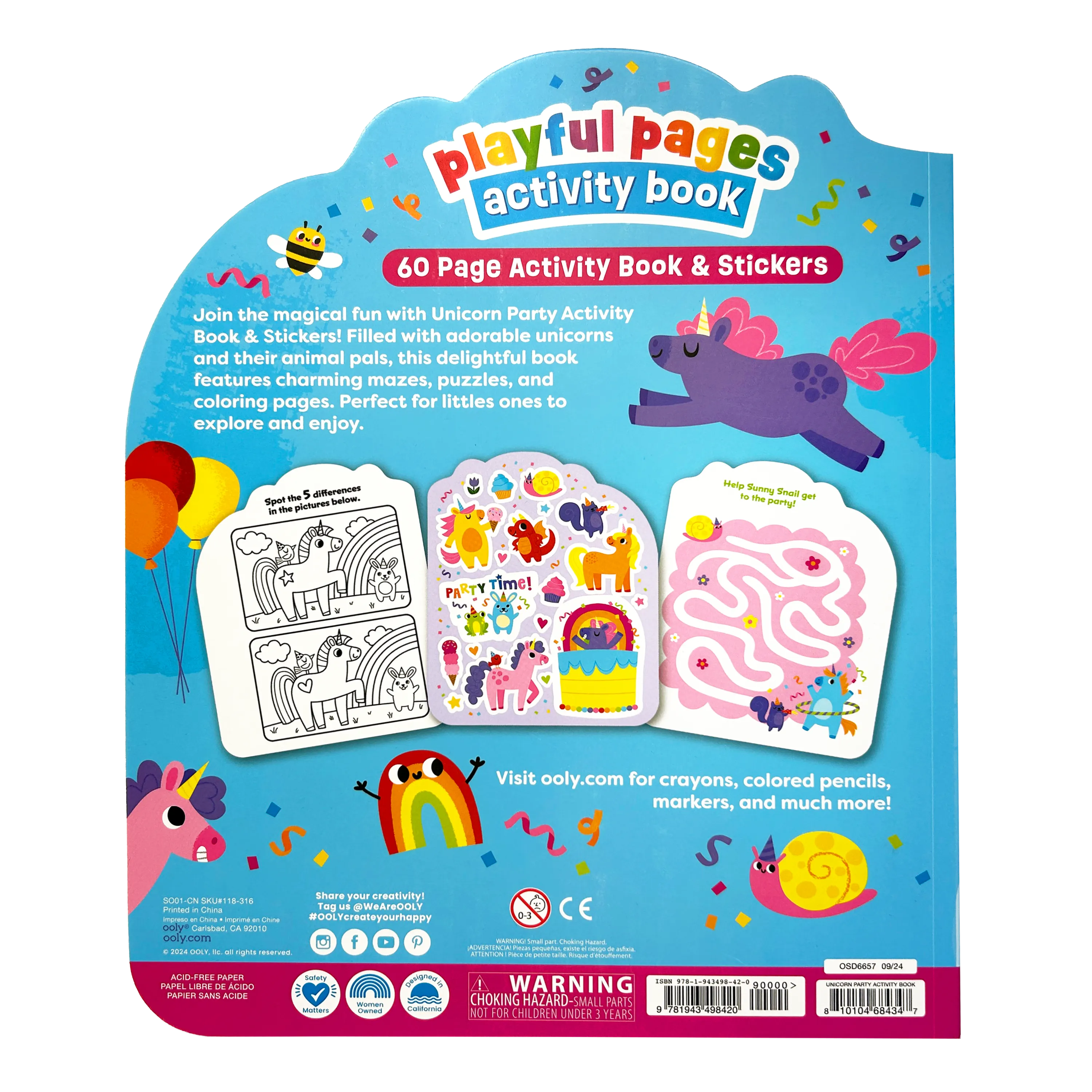 Back cover of OOLY Playful Pages Activity Book - Games Coloring Stickers - Unicorn Party!