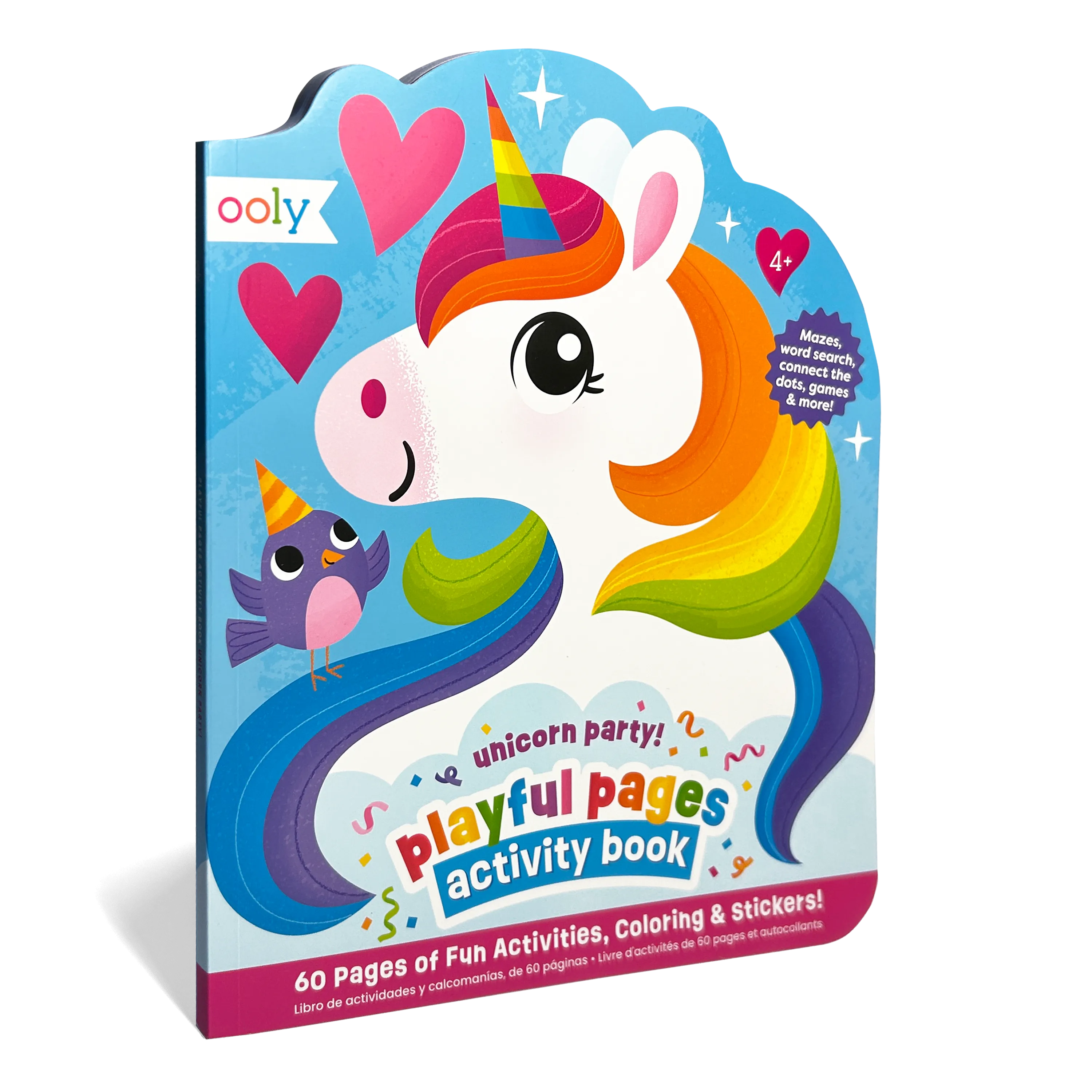 Quarter angle of front cover of OOLY Playful Pages Activity Book - Games Coloring Stickers - Unicorn Party!