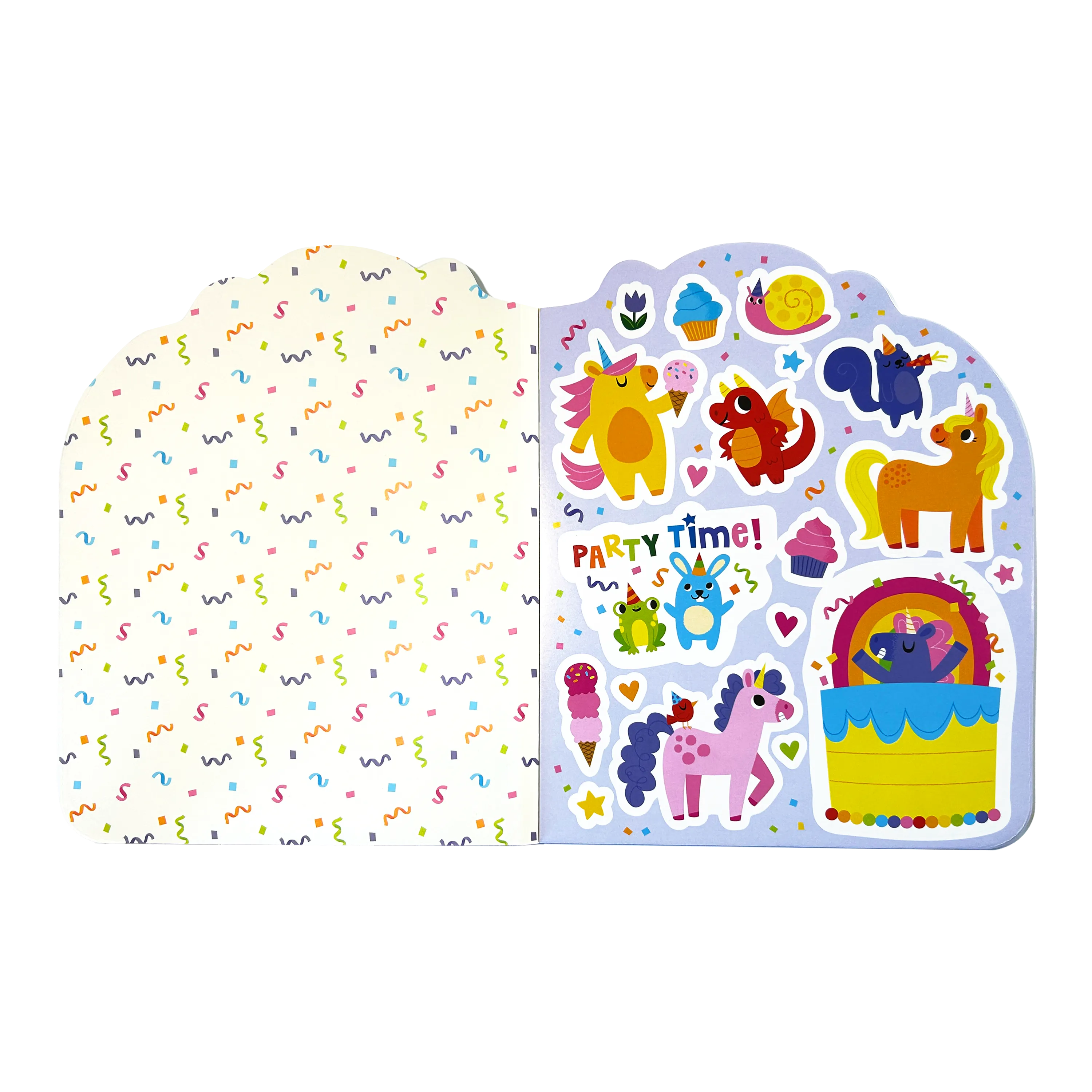 Open book with stickers from OOLY Playful Pages Activity Book - Games Coloring Stickers - Unicorn Party!