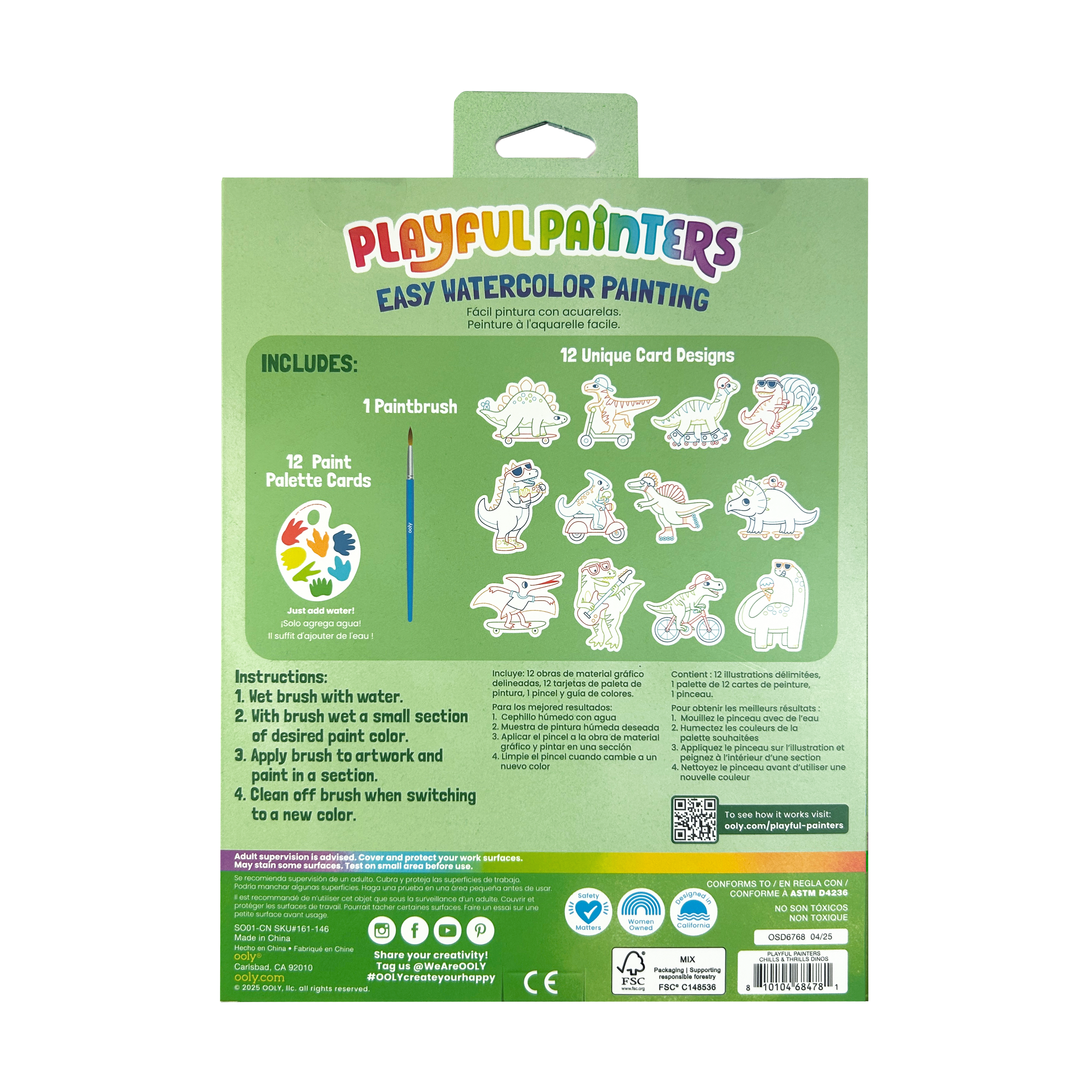 Back of packaging of OOLY Chills and Thrills Dinos Playful Painters Easy Watercolor Painting Kit on a white background