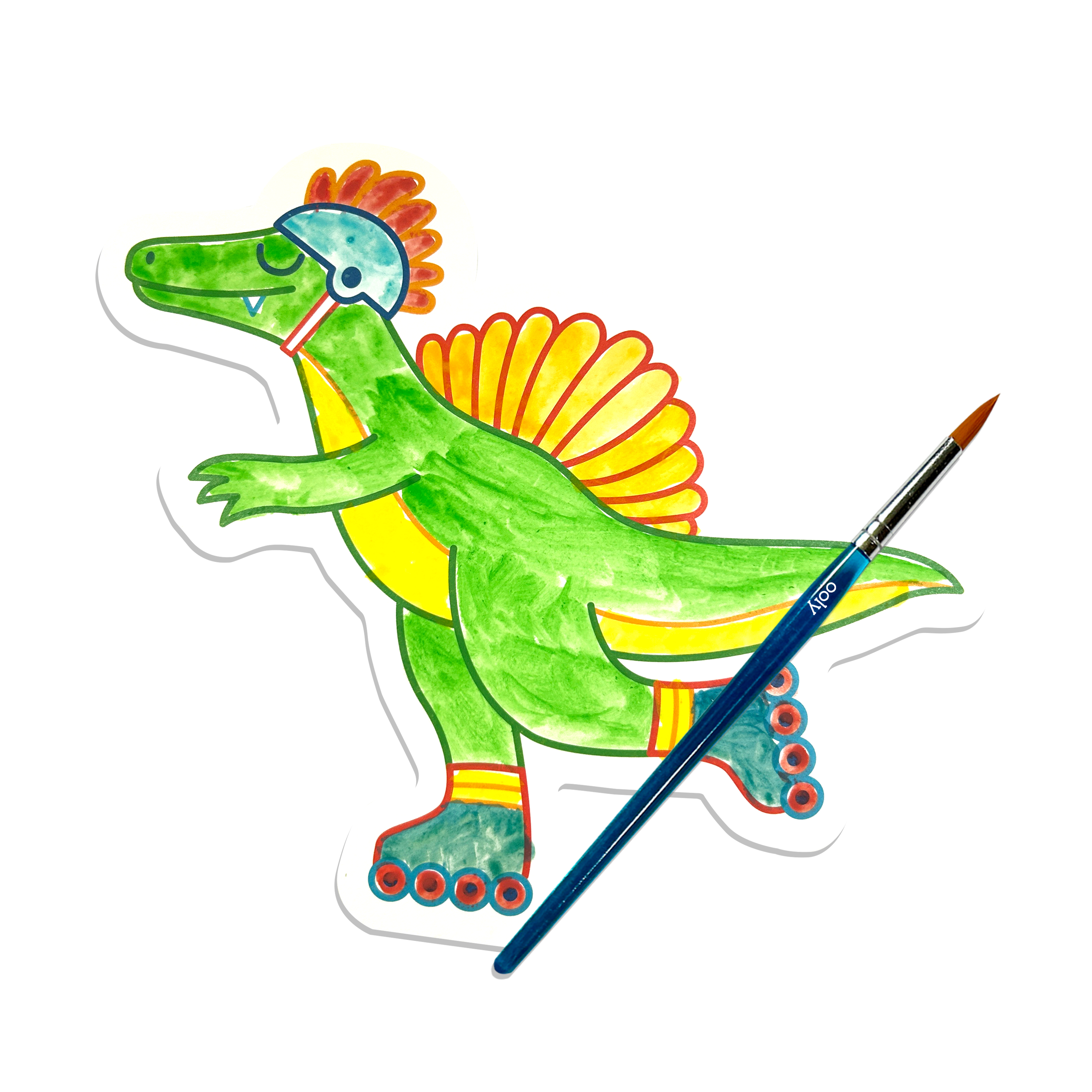 Watercolor dinosaur paint card and paintbrush from the OOLY Chills and Thrills Dinos Playful Painters Easy Watercolor Painting Kit on a white background