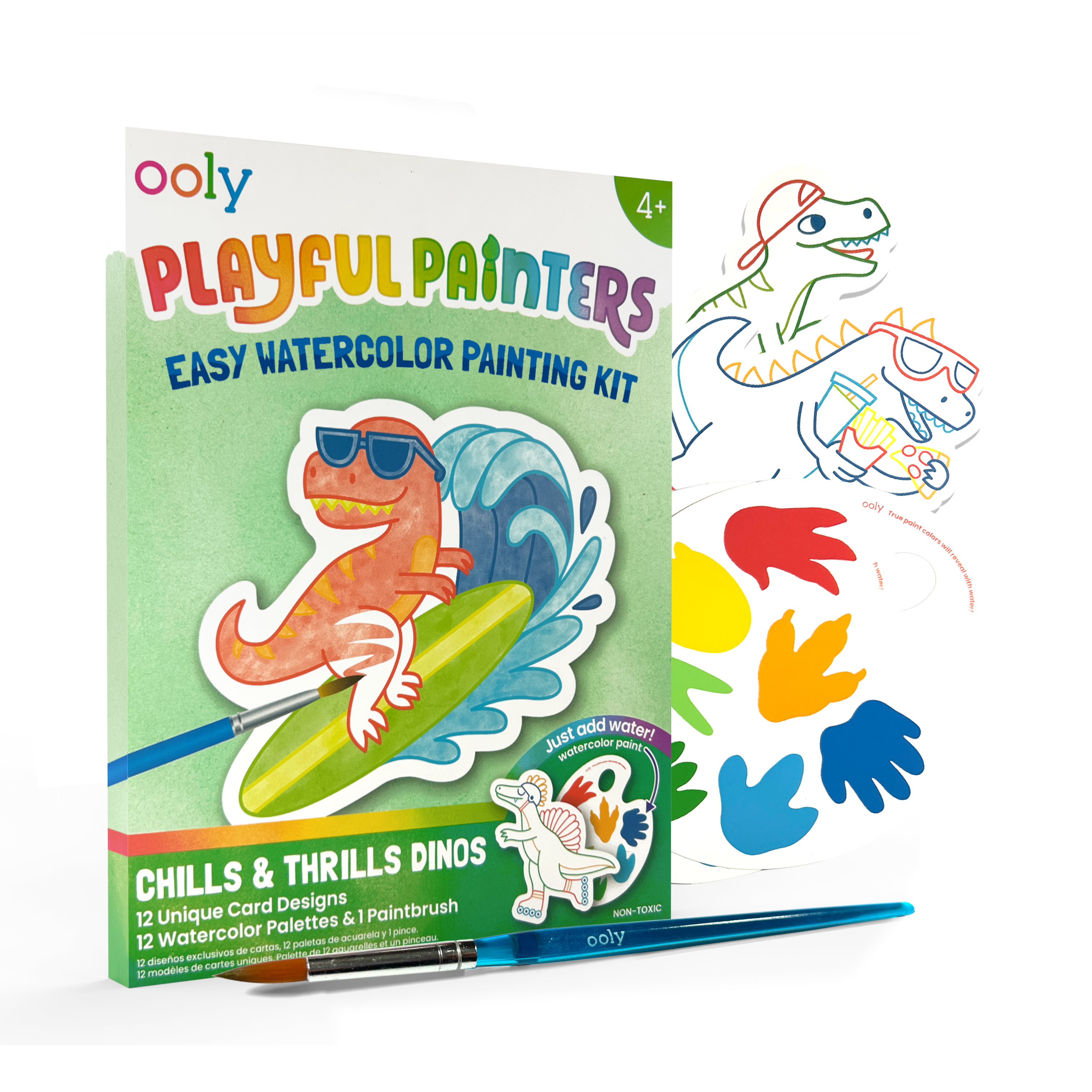 Quarter angle of packaging of OOLY Chills and Thrills Dinos Playful Painters Easy Watercolor Painting Kit on white background