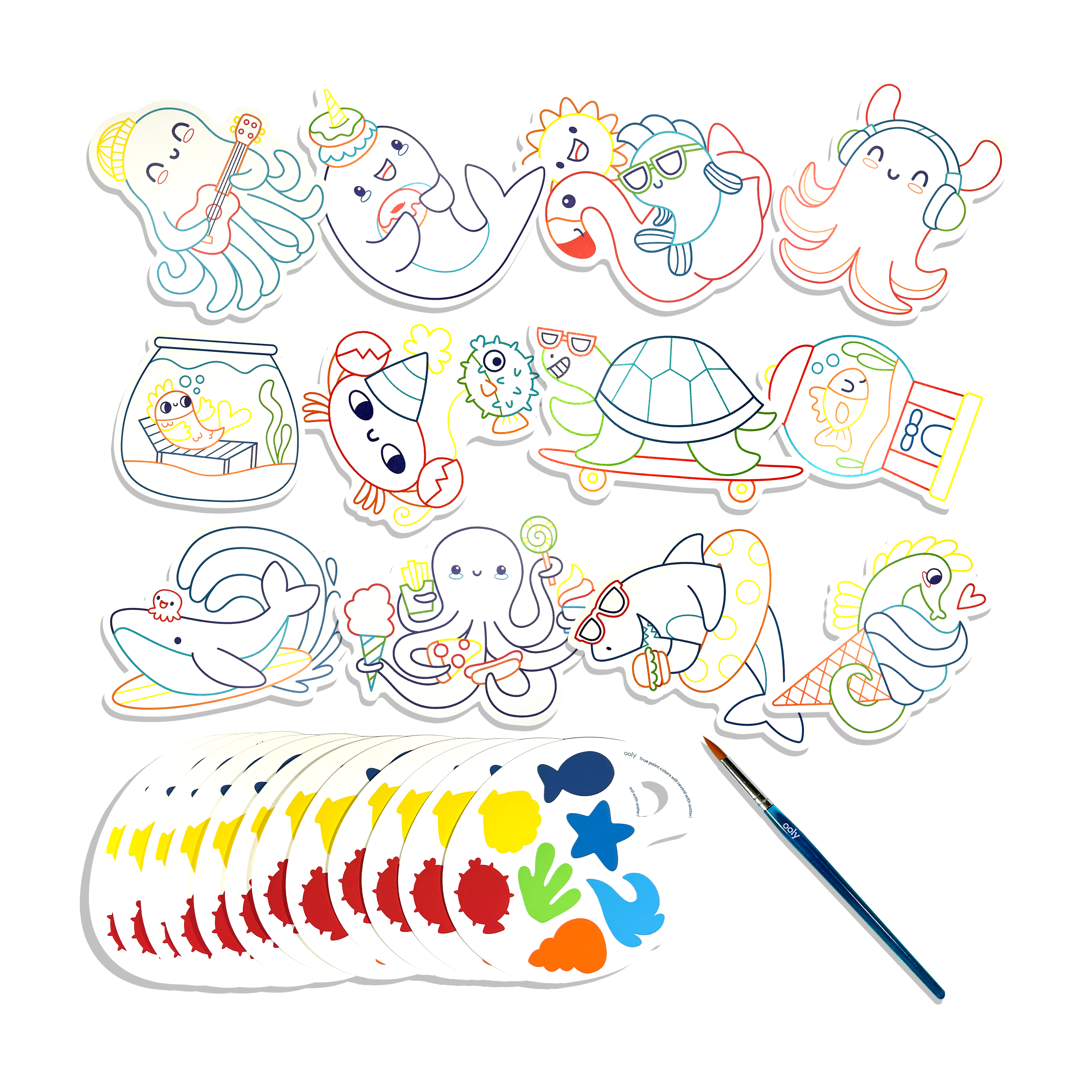Paint cards, palettes and paint brush from the OOLY Ocean Fun Playful Painters Easy Watercolor Painting Kit