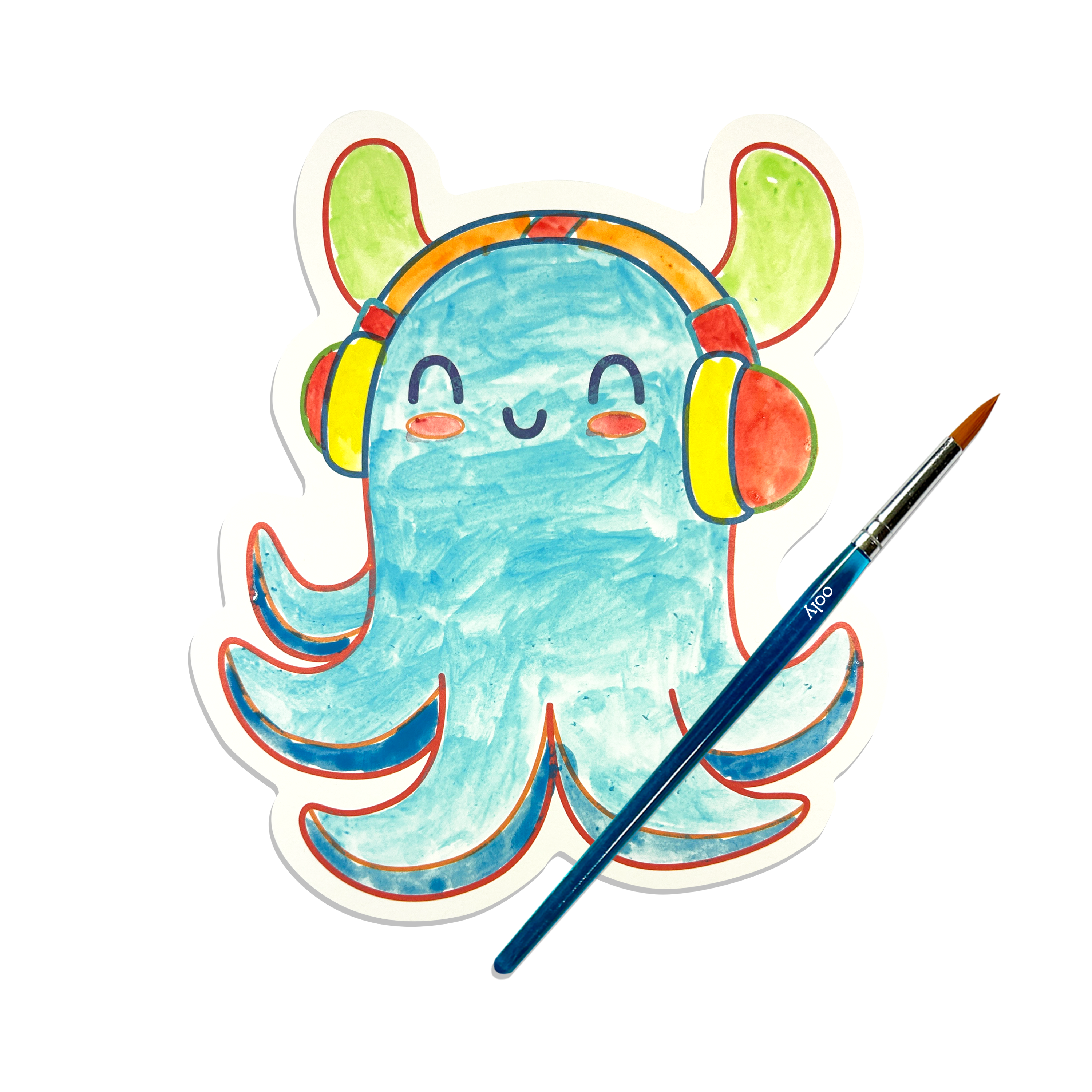 Colorful octopus with headphones and a paintbrush painted with OOLY Ocean Fun Playful Painters Easy Watercolor Painting Kit on a white background