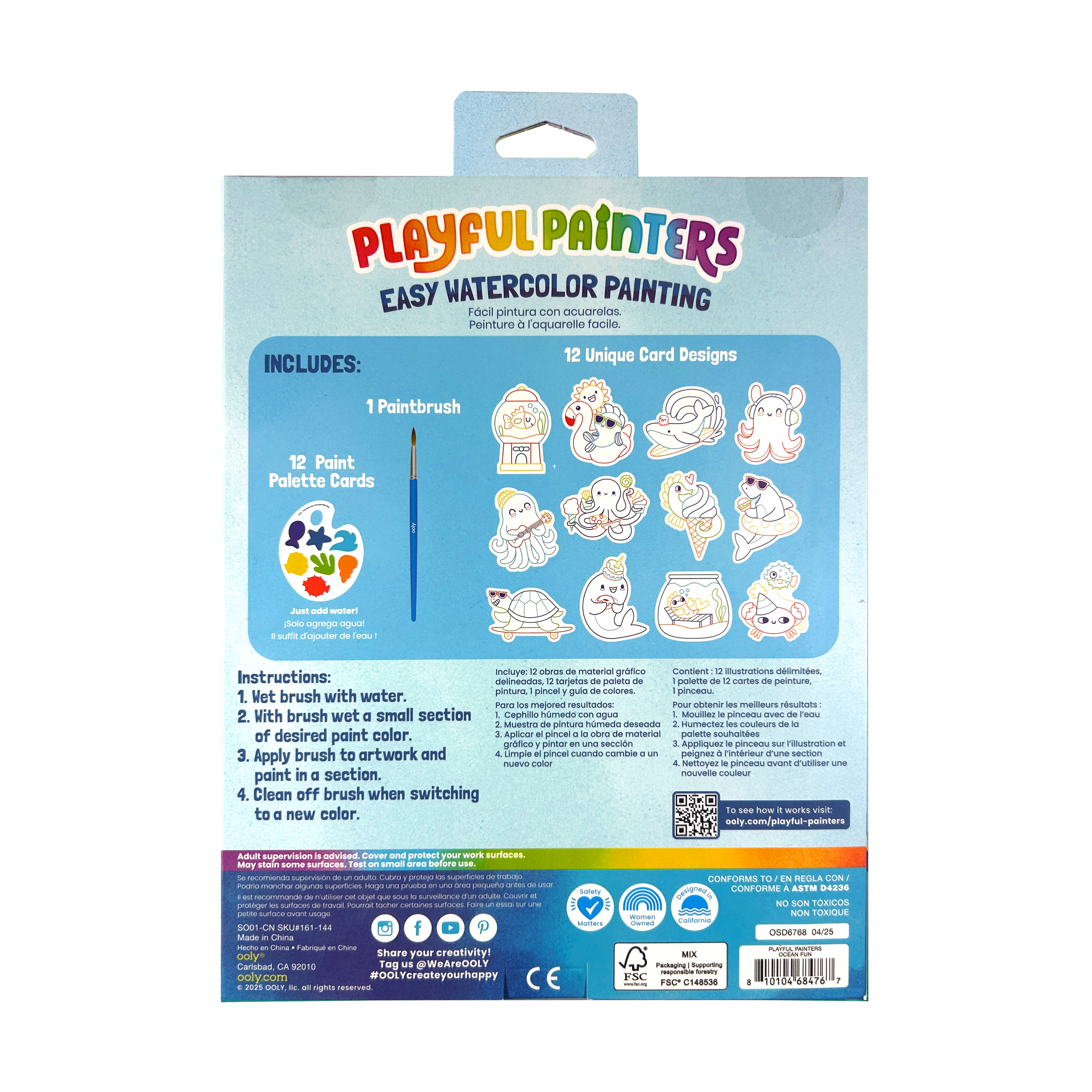 Back of packaging of OOLY Ocean Fun Playful Painters Easy Watercolor Painting Kit