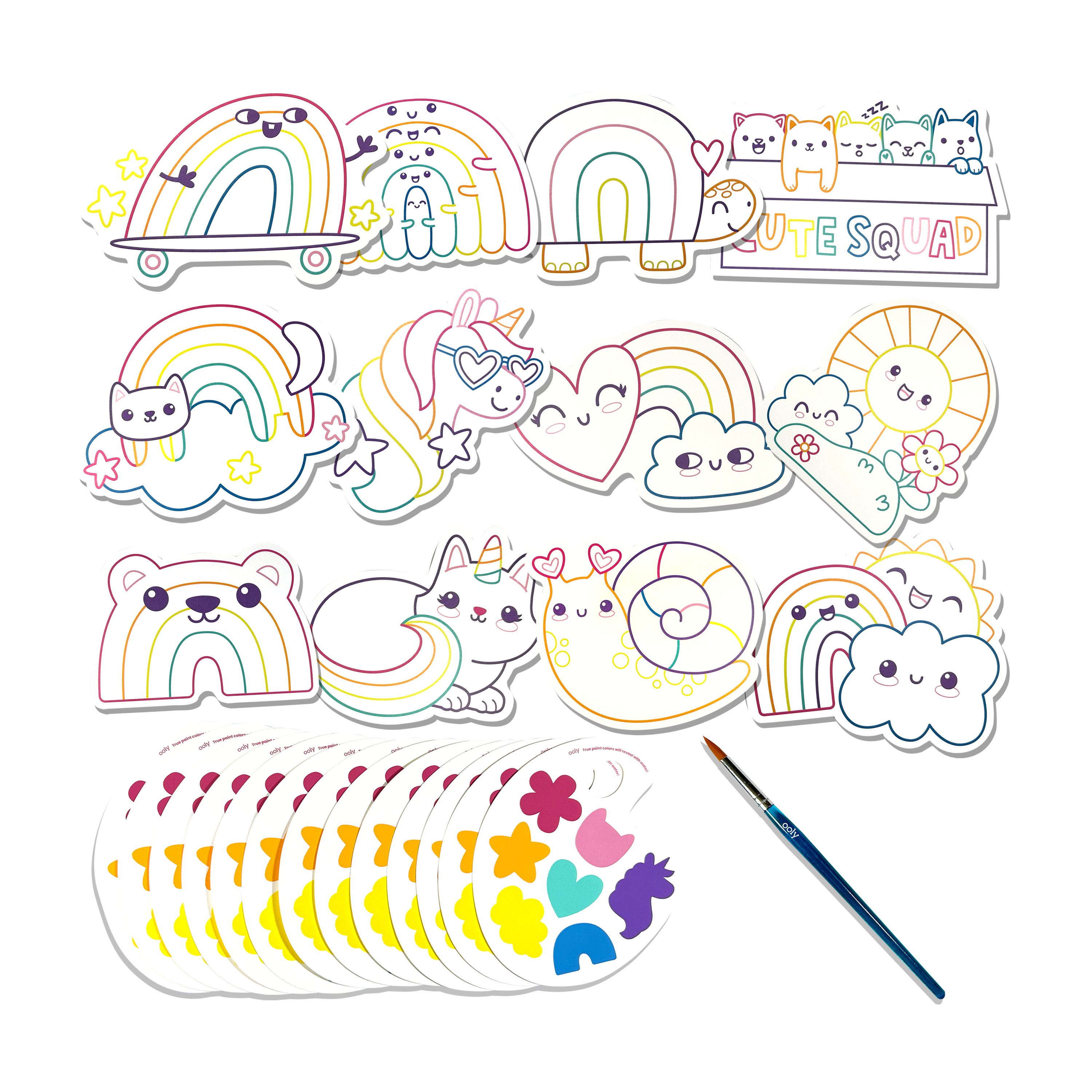 All paint palettes and paint cards from the OOLY Rainbow Cuties Playful Painters Easy Watercolor Painting Kit on a white background.