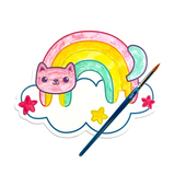 Watercolor painting of a rainbow cat on a cloud made from the OOLY Rainbow Cuties Playful Painters Easy Watercolor Painting Kit