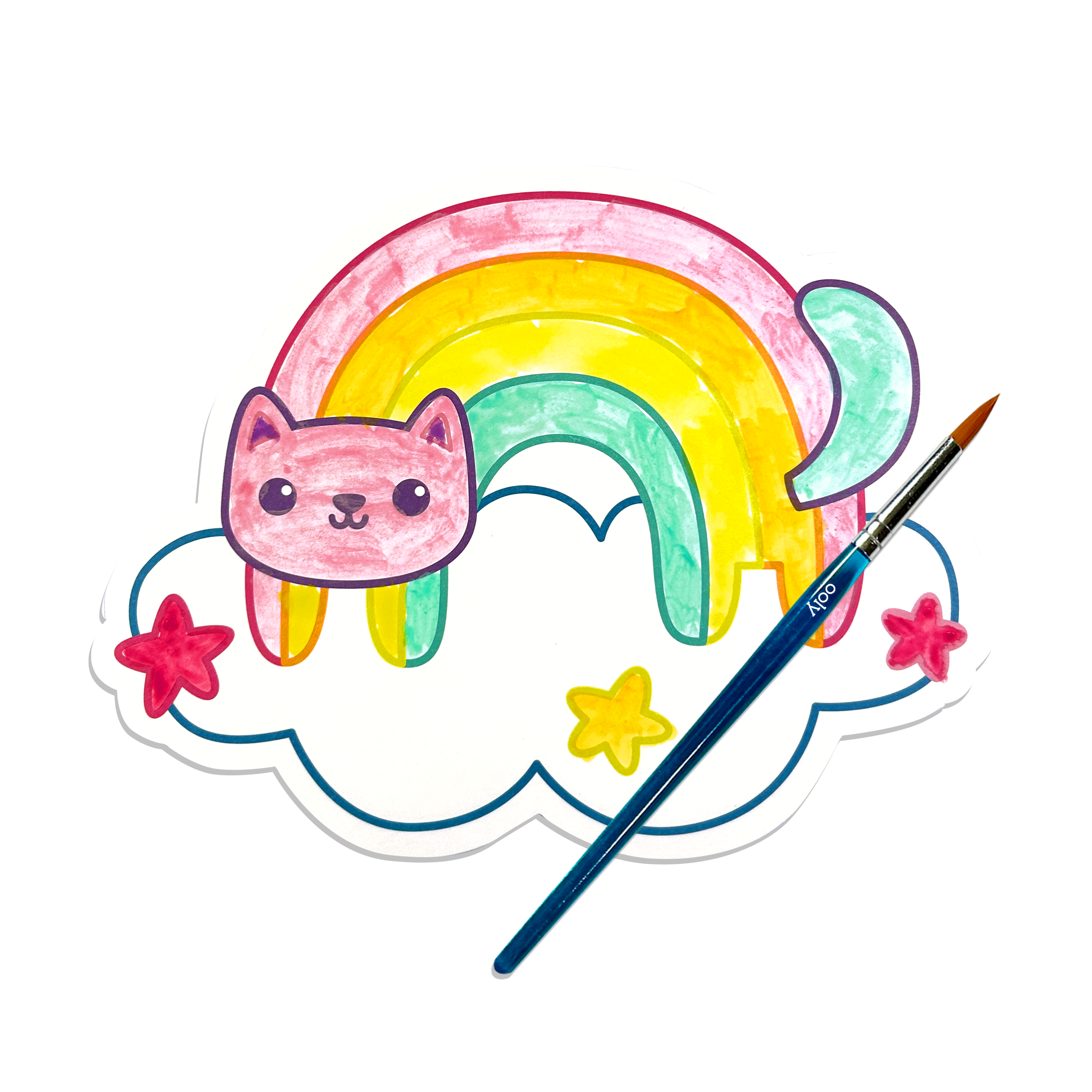 Watercolor painting of a rainbow cat on a cloud made from the OOLY Rainbow Cuties Playful Painters Easy Watercolor Painting Kit