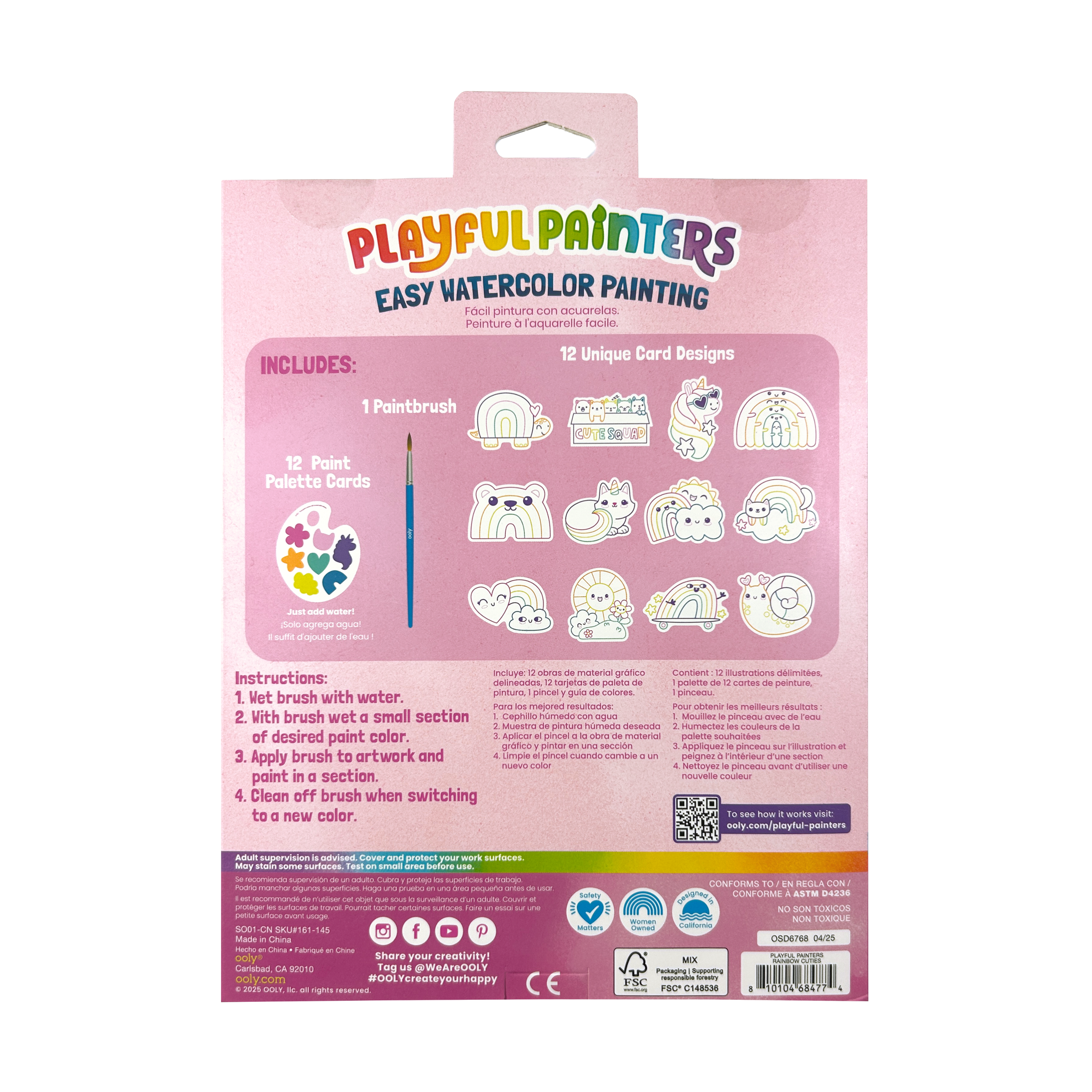 Back of packaging of OOLY Rainbow Cuties Playful Painters Easy Watercolor Painting Kit on a white background