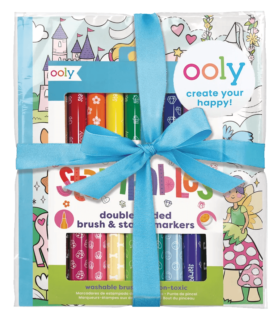 OOLY Princess & Fairies Stampable Coloring Giftables Pack in blue ribbon wrapping