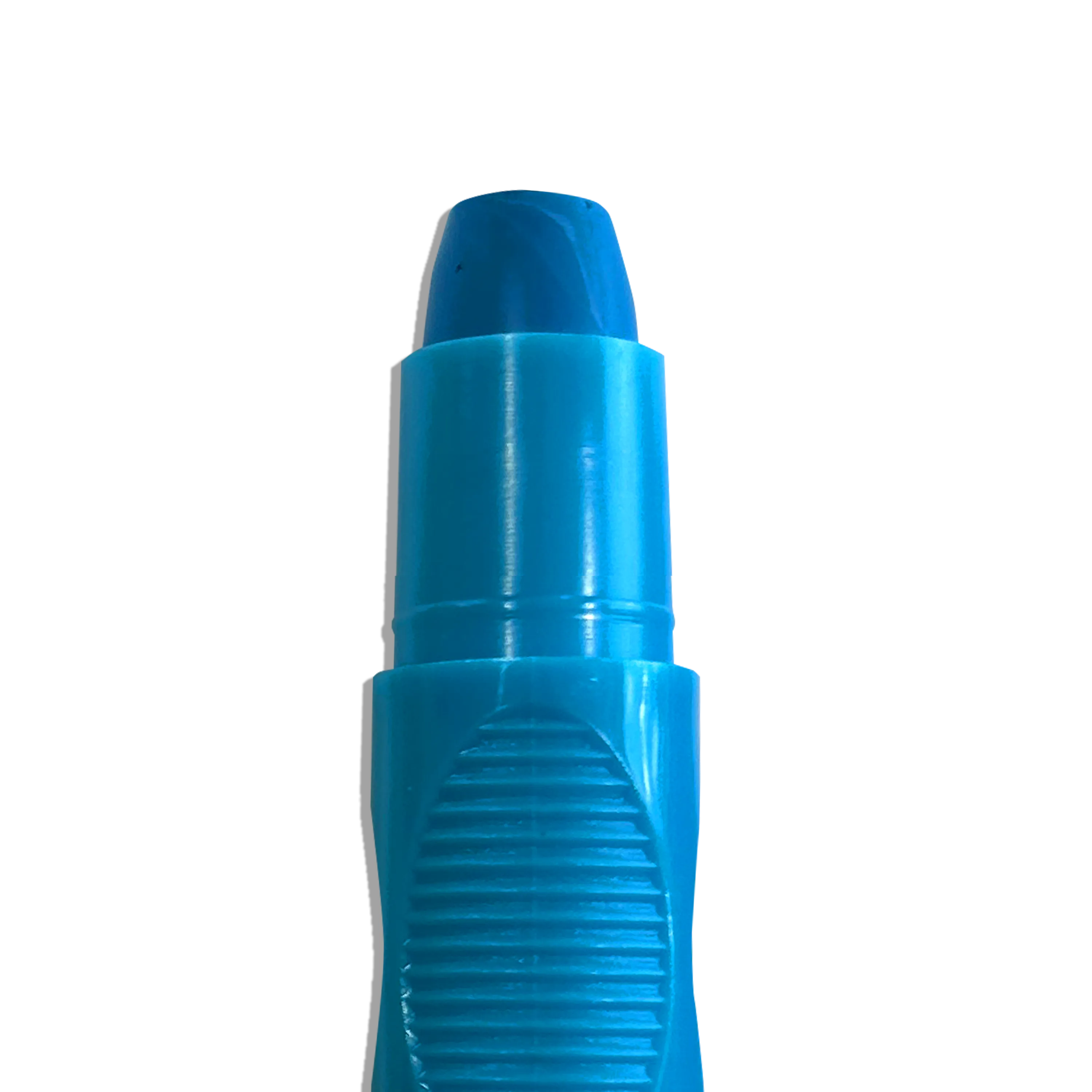 Close up of blue OOLY Rainy Dayz Window Gel Crayons tip, uncapped on a white background