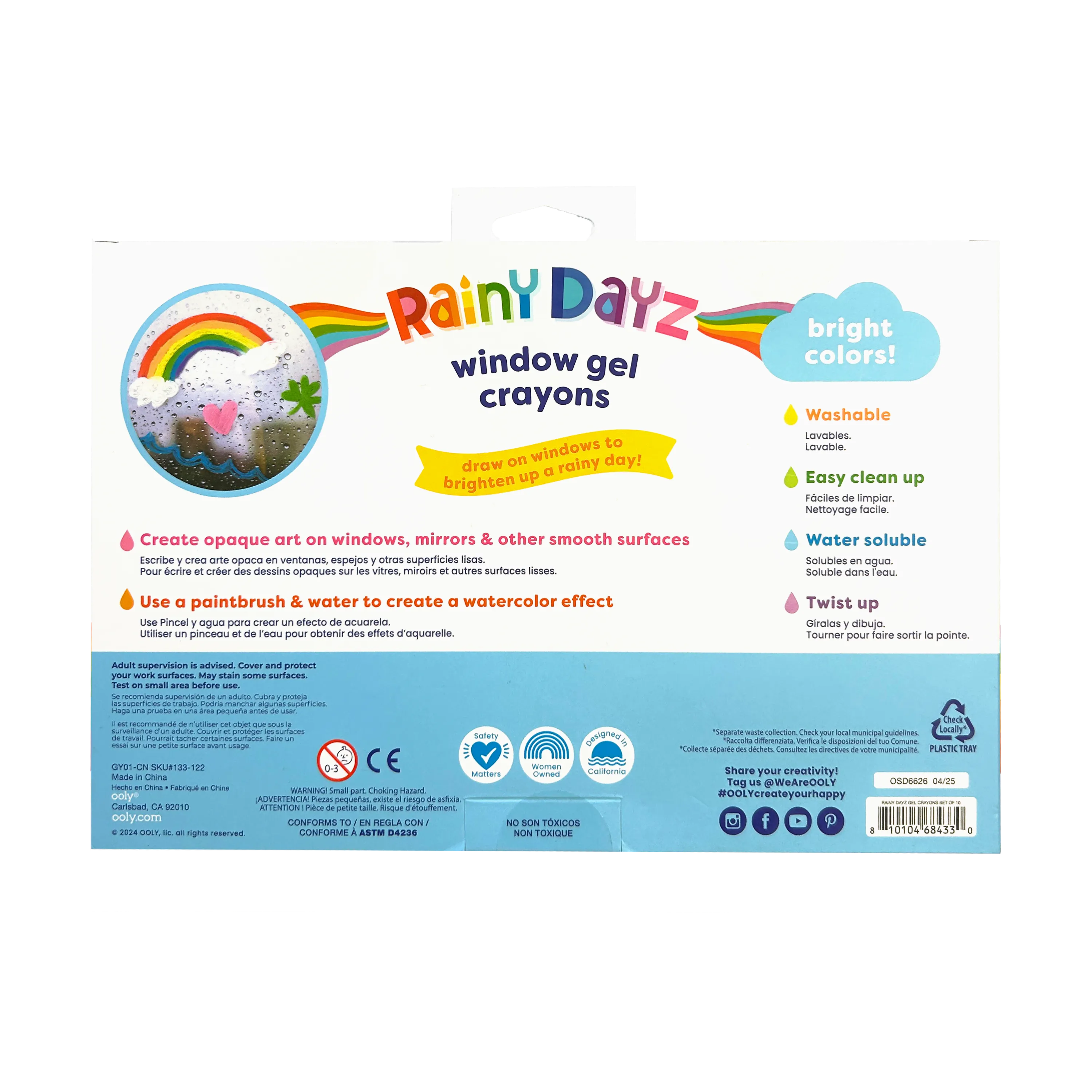 Back of packaging of OOLY Rainy Dayz Window Gel Crayons on a white background