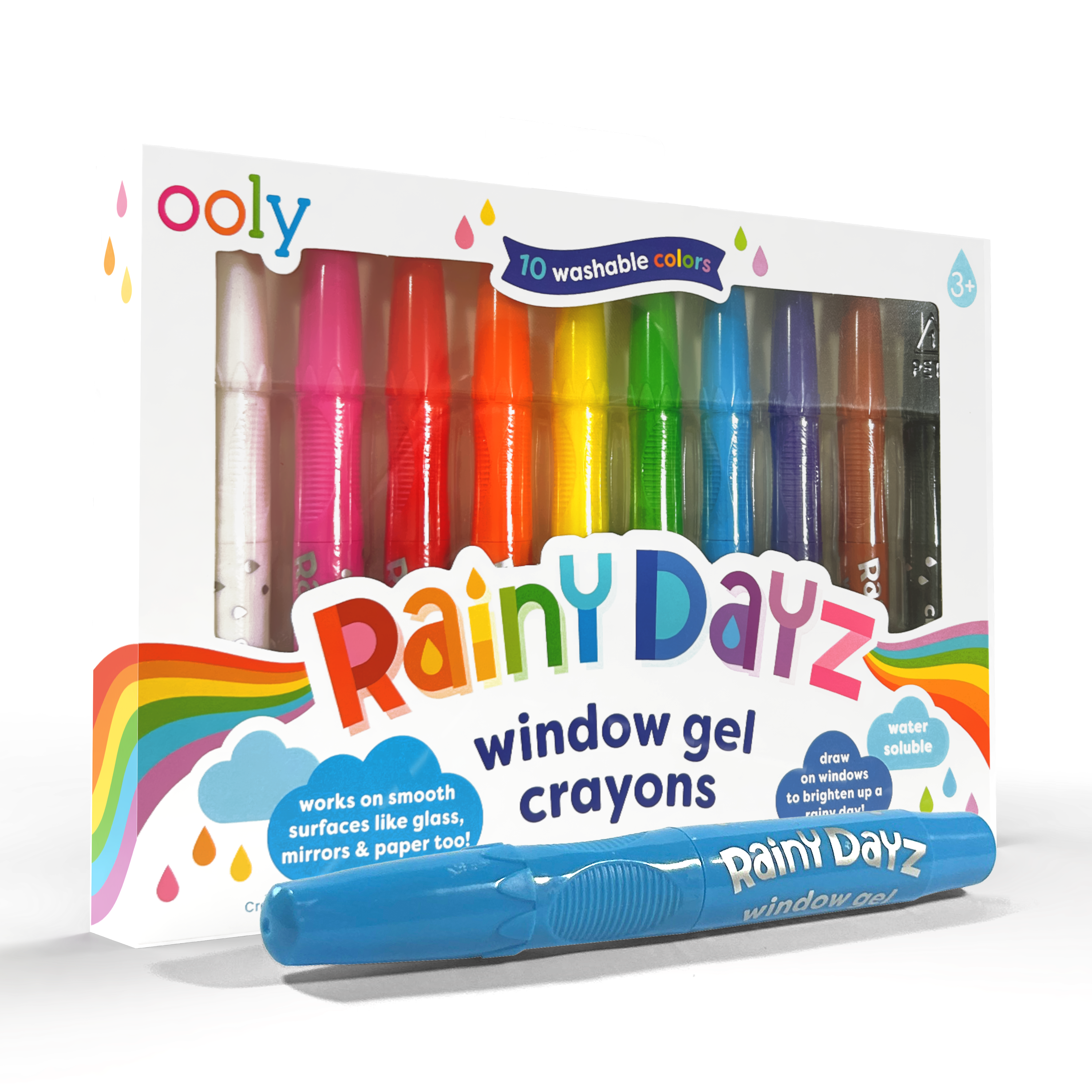 Quarter angle of packaging of OOLY Rainy Dayz Window Gel Crayons on a white background