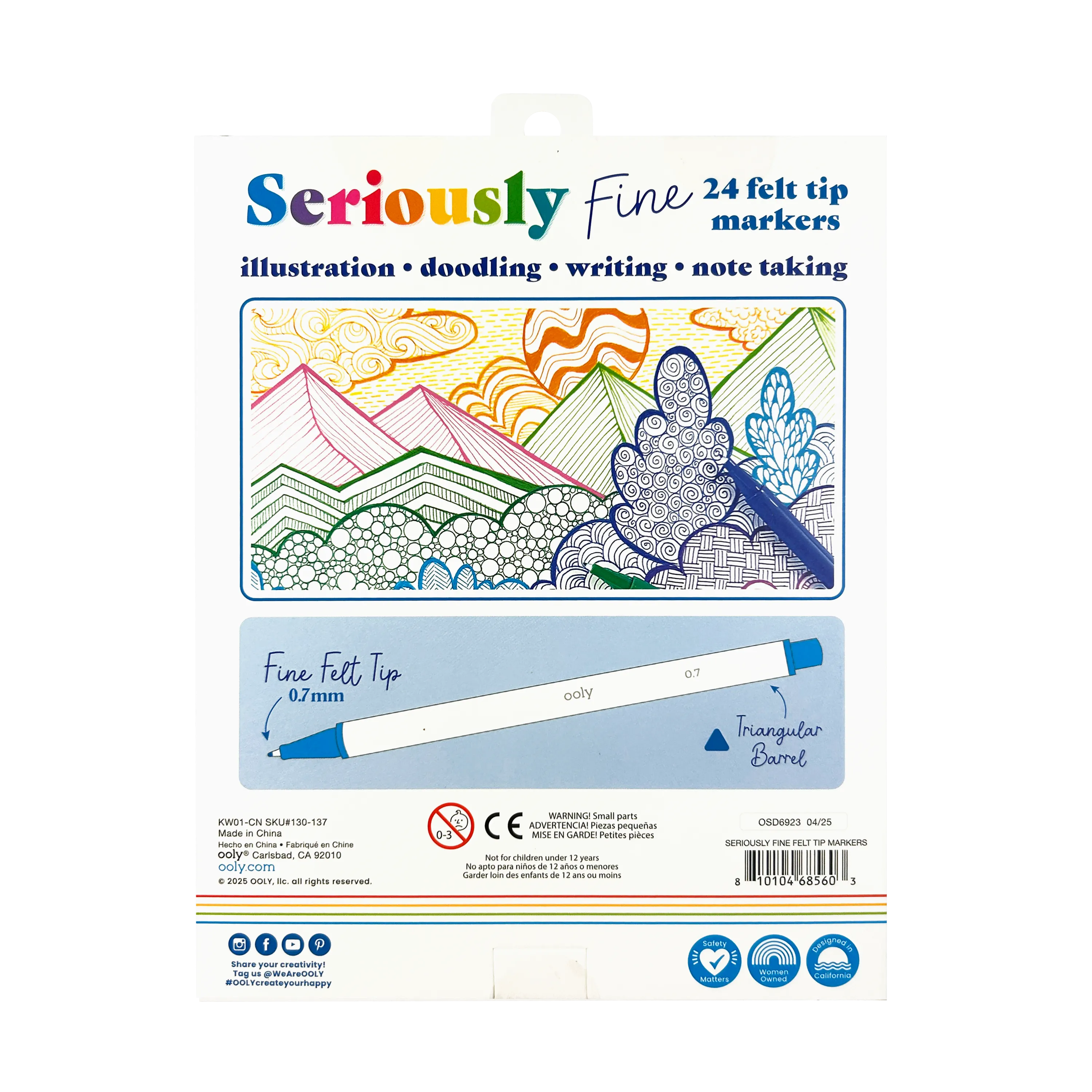 Back of packaging of OOLY Seriously Fine Tip Marker set