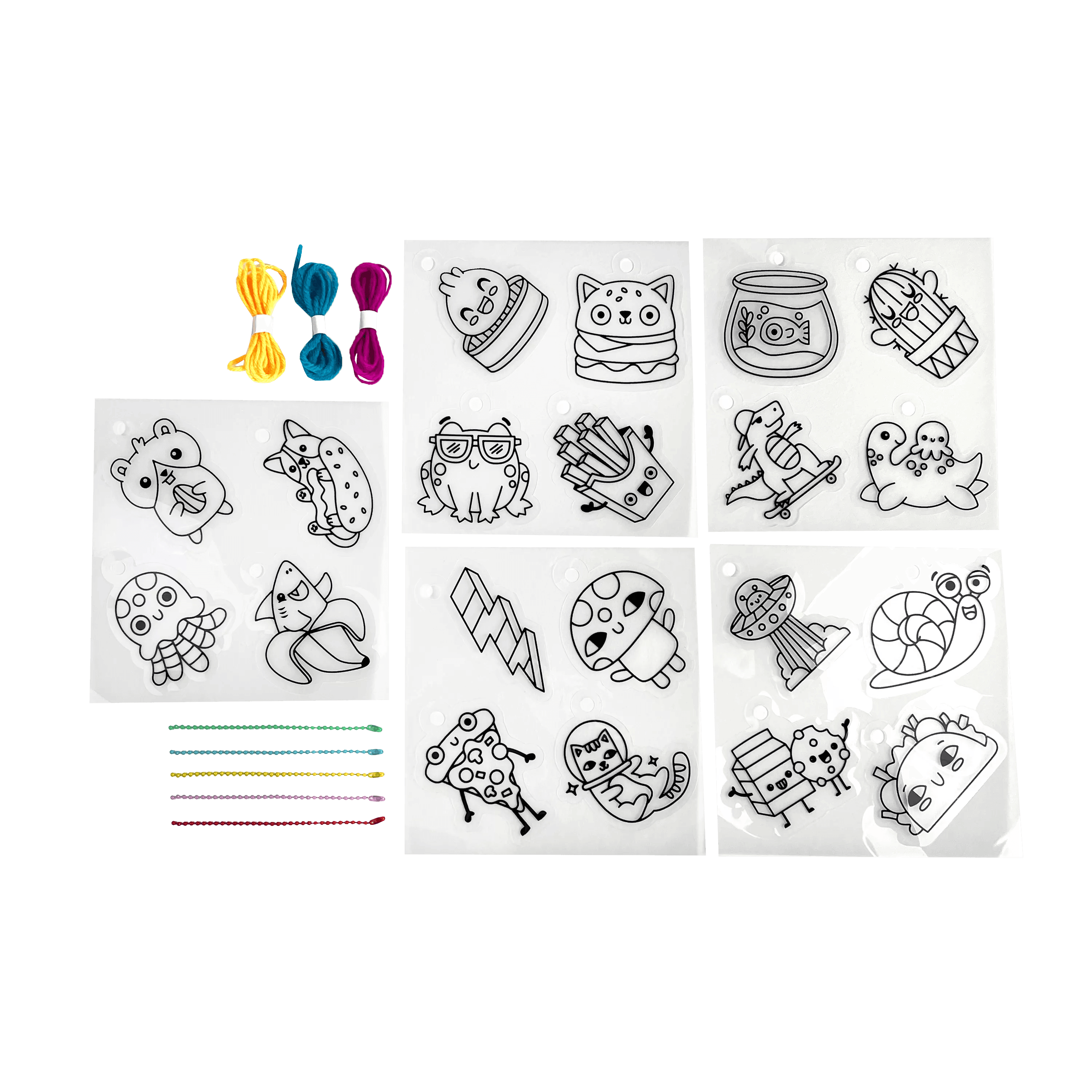 Content of Shrink-its! DIY Shrink Art Kit - Fun Friends including shrink sheets, colored ball chains and colored cords