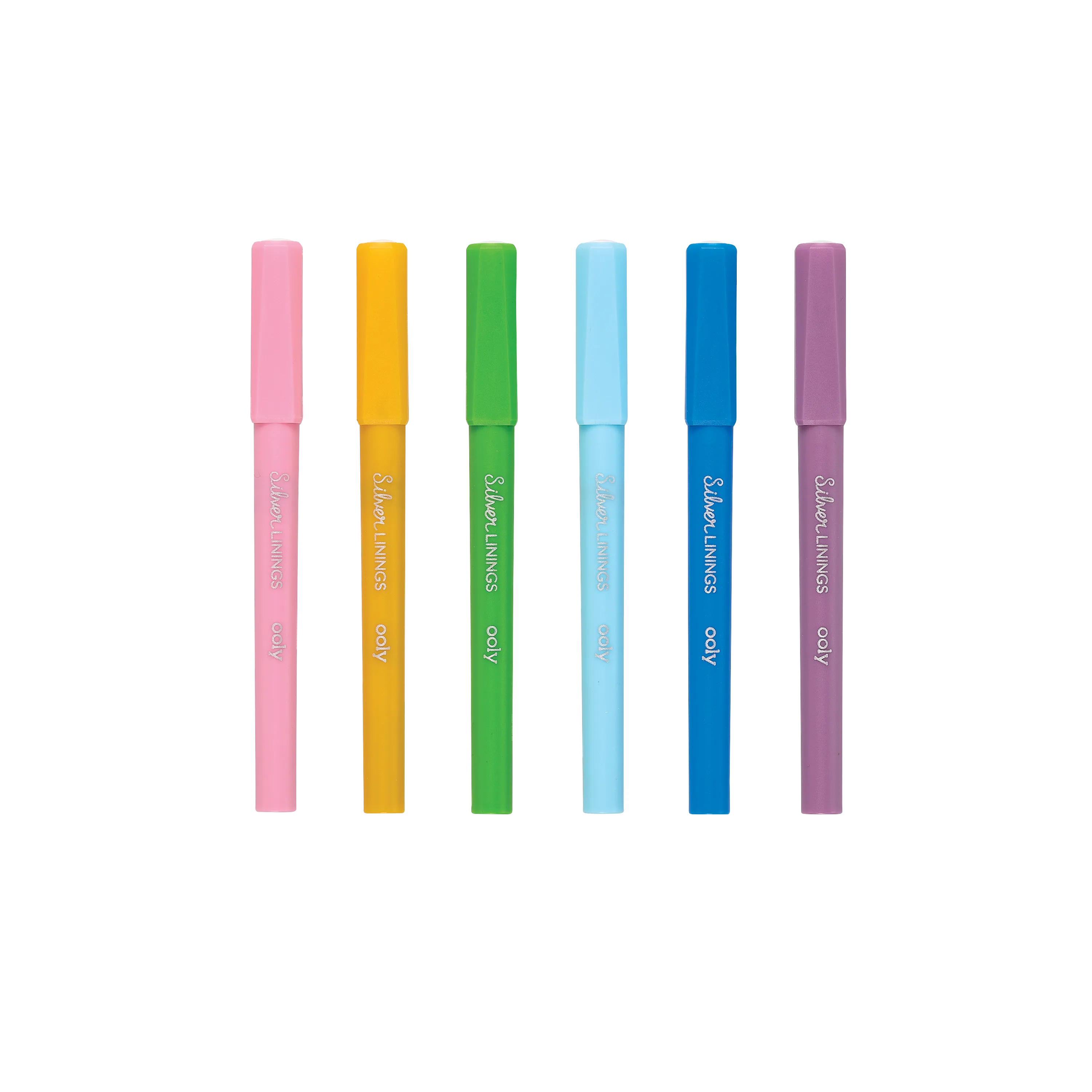 Six OOLY Silver Linings Outline Markers in a row and capped with a white background