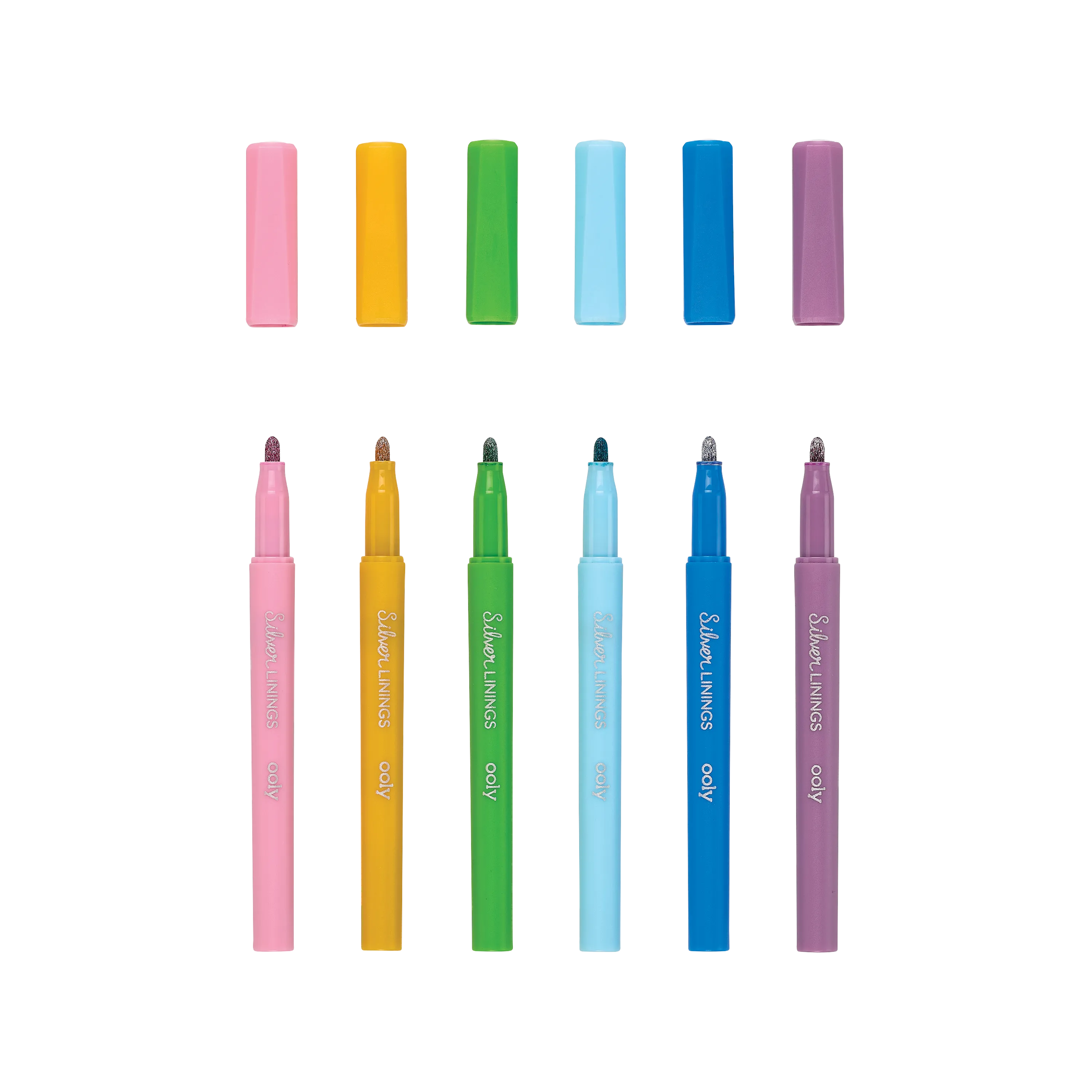 Six uncapped OOLY Silver Linings Outline Markers in a row with a white background