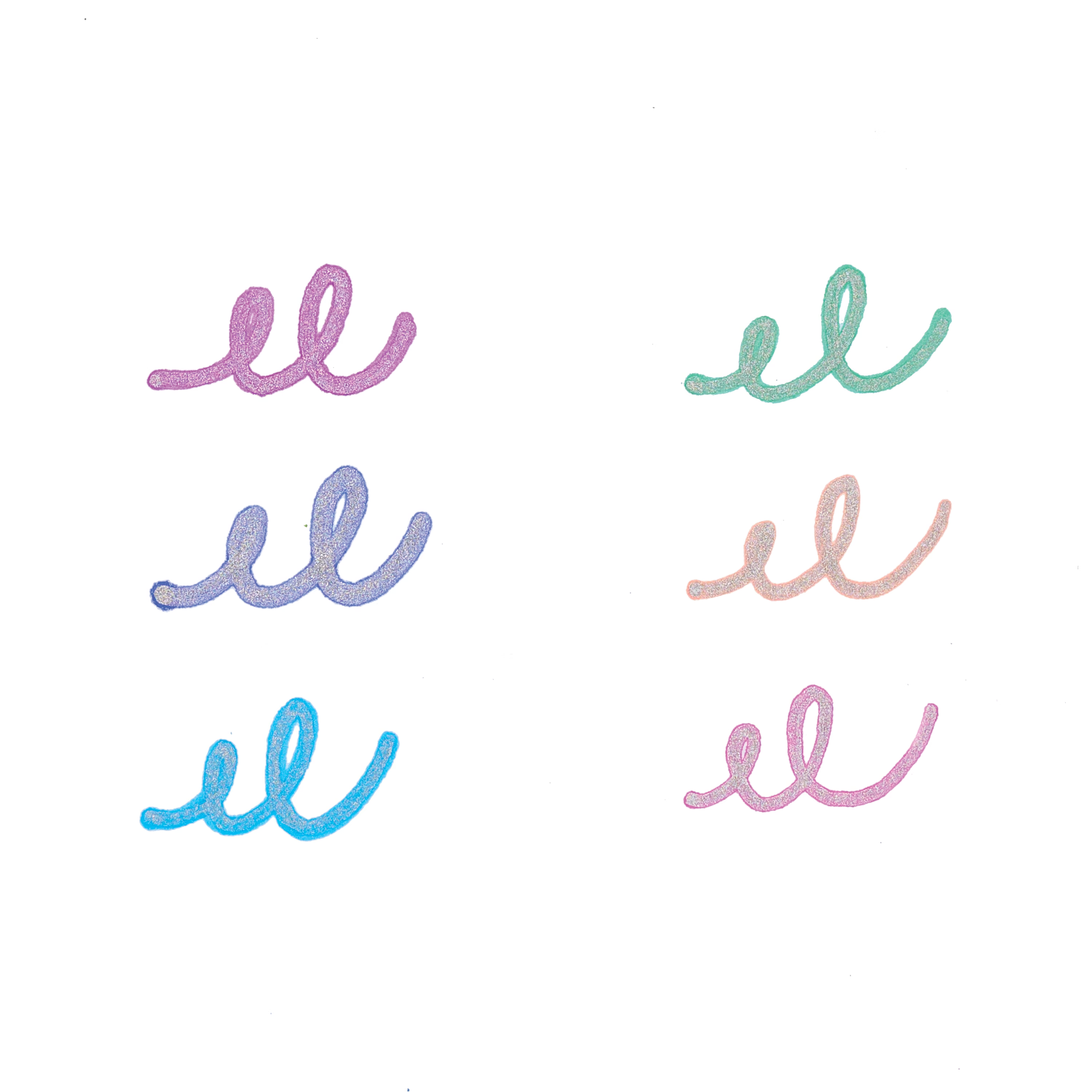 Six curly swatches made with OOLY Silver Linings Outline Markers on a white backround