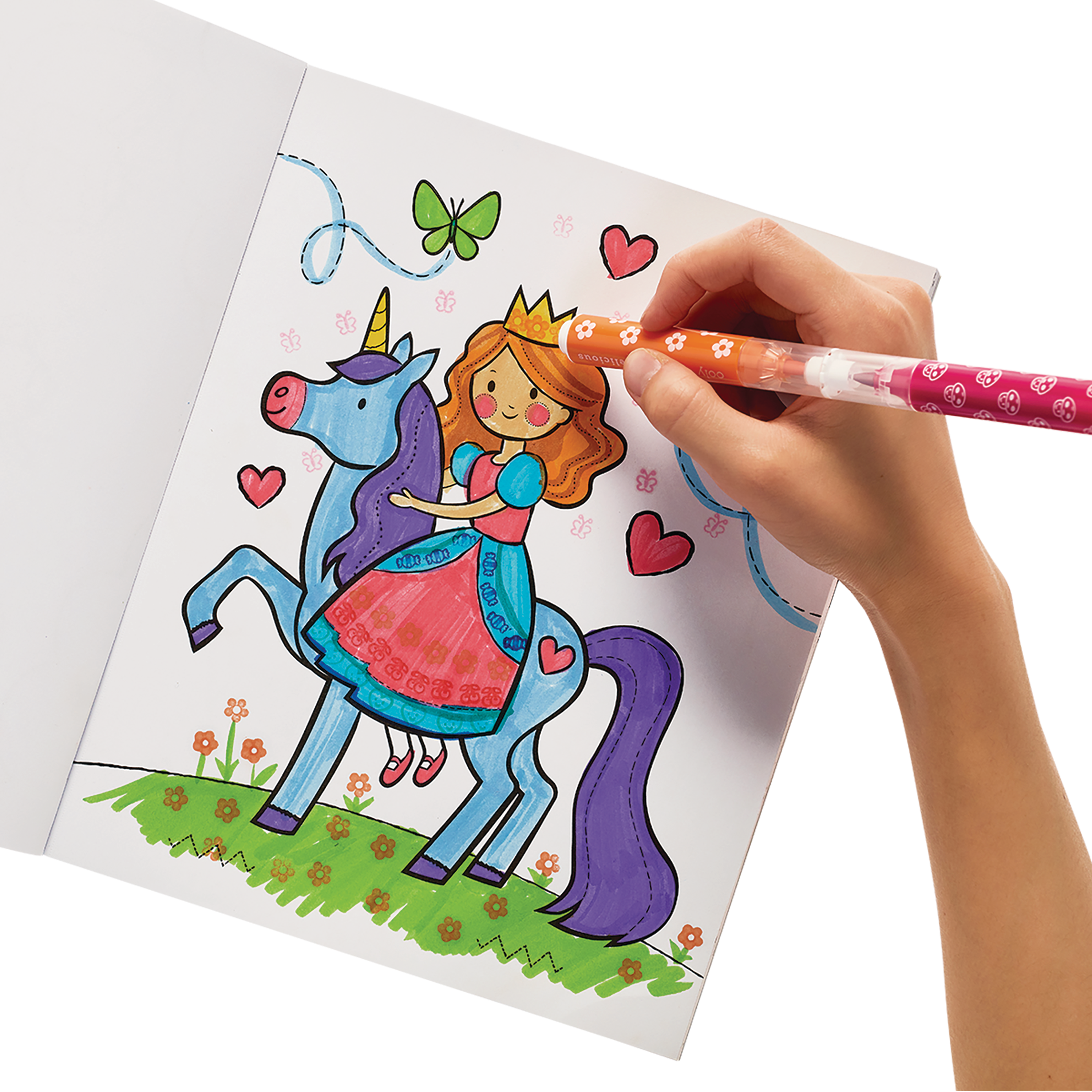 Coloring a princess on a unicorn in a coloring book using Stampables Double-Ended Stamp & Brush Markers